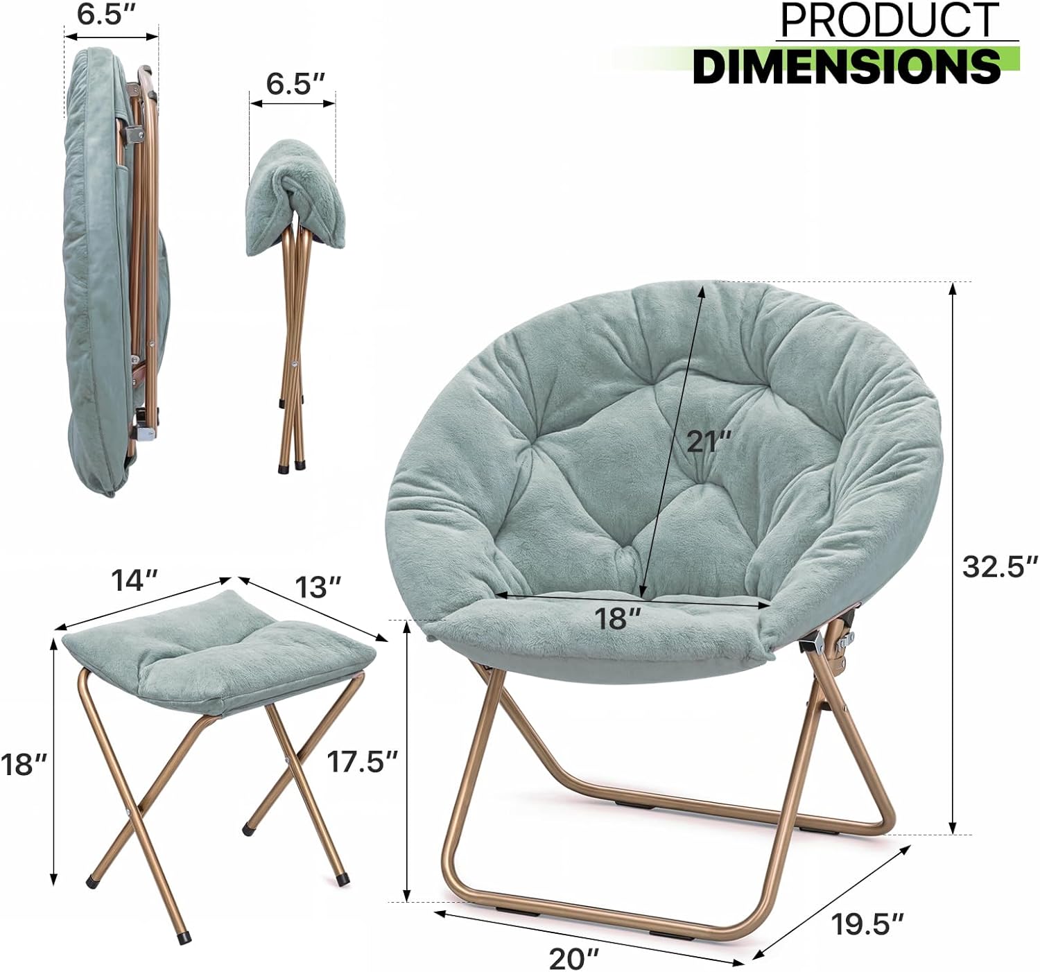 Magshion Folding Saucer Chair for Adults with Ottoman, Circle Reading Chair for Bedroom, Living Room & Dorm, Furry Comfy Accent Seat with Metal Leg & Thick Padded for Small Spaces (Teal, 2 Pack)