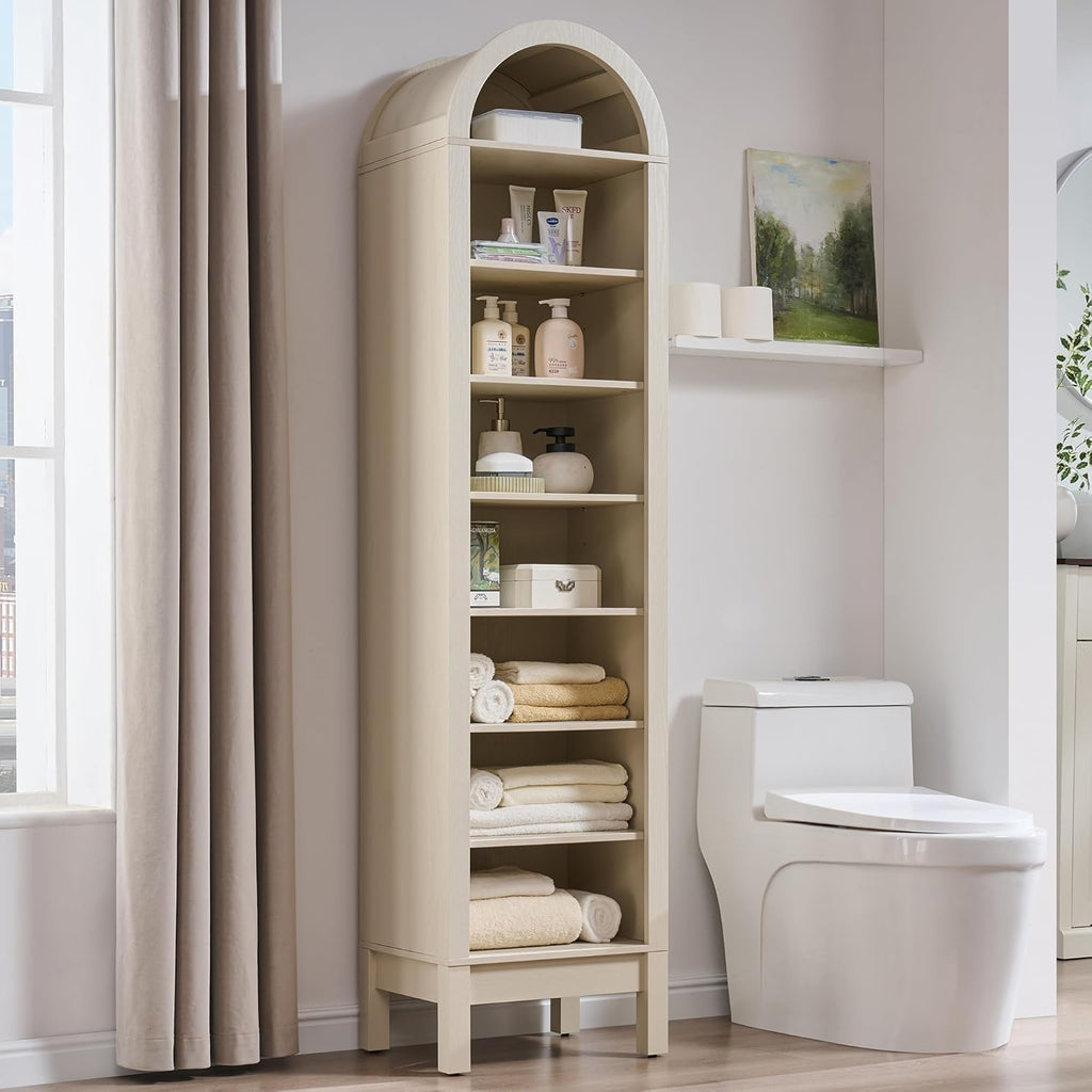 IFBUY 71" Tall Arched Bathroom Storage Cabinet, 8-Tier Modern Farmhouse Storage Cabinet with Adjustable Shelves, Wood Freestanding Cabinet for Bathroom, Living Room, Entryway, Hallway (Cream)