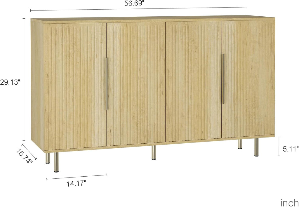 USHOWER 56" Sideboard Buffet Cabinet with Storage - 4 Fluted Doors & Adjustable Shelves, Modern Wood Credenza with Metal Legs for Living Room, Dining Room, Kitchen, Entryway, Large Countertop Space