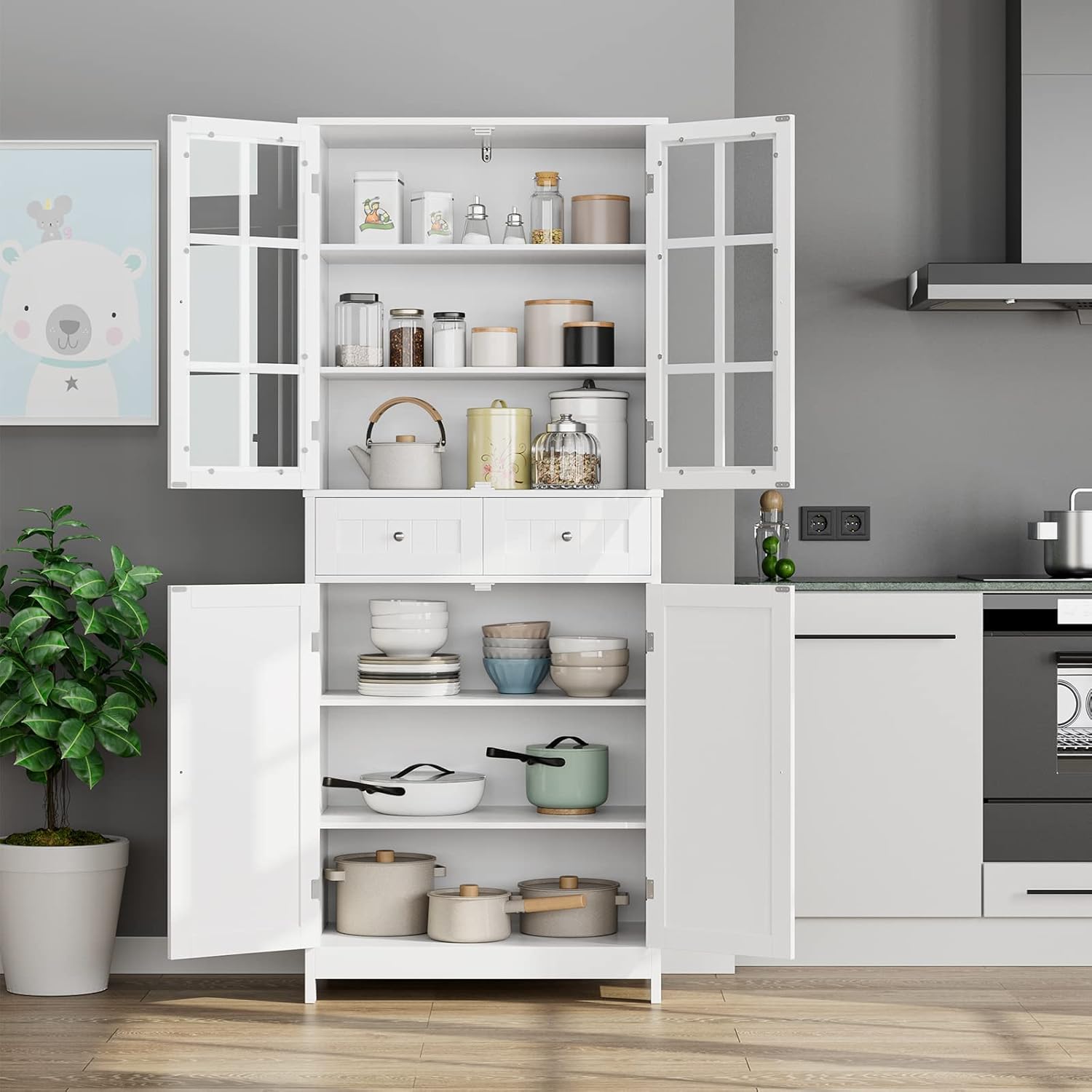 BOTLOG 71" Tall Kitchen Pantry Storage Cabinet, Pantry Cabinet with Drawers and Glass Doors, Freestanding Kitchen Cupboard for Dining Room, Laundry, White
