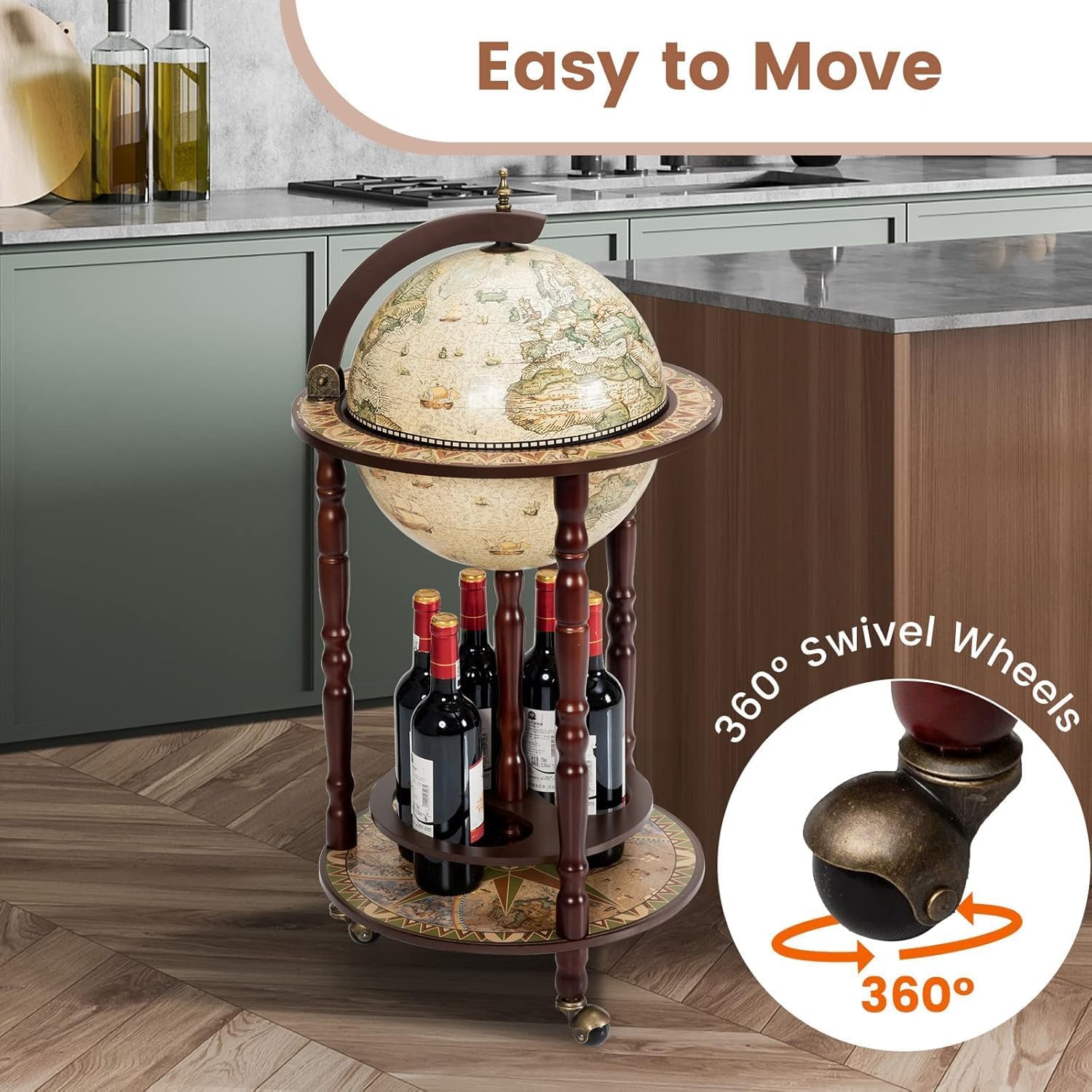 CHEFJOY Globe Bar, Wood Globe Wine Bar Stand, 16th Century Italian Rack Liquor Bottle Shelf, Replica Globe Bar Liquor Cabinet w/Wheels, Globe Bar Cart for Wine Spirits Beverage Stemware(Creamy White)