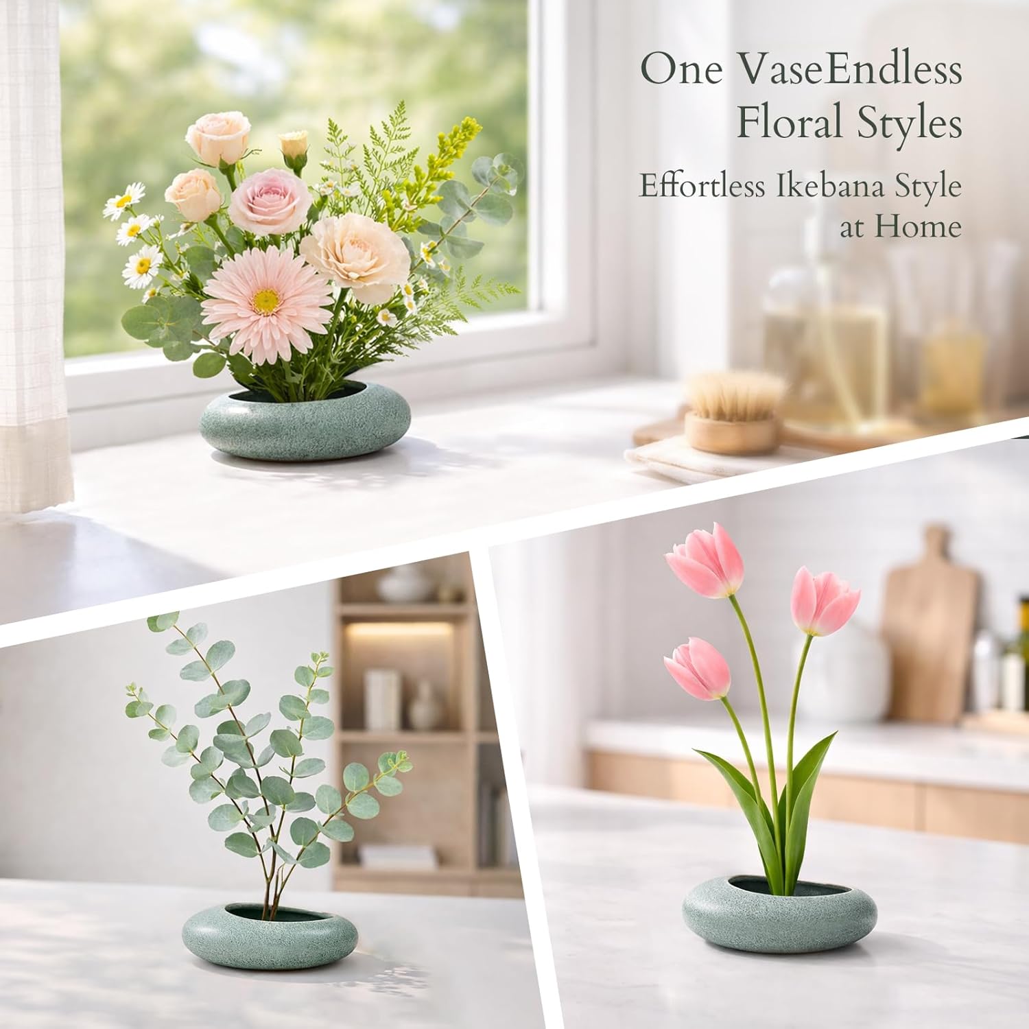 Japanese Flower Frog Vase Set, Celadon Glaze | Japanese Artisan, Flower Frog, Modern Flower Arrangement Pot, Living Room Decor & Art Supplies, Gift Box for Flower Lover