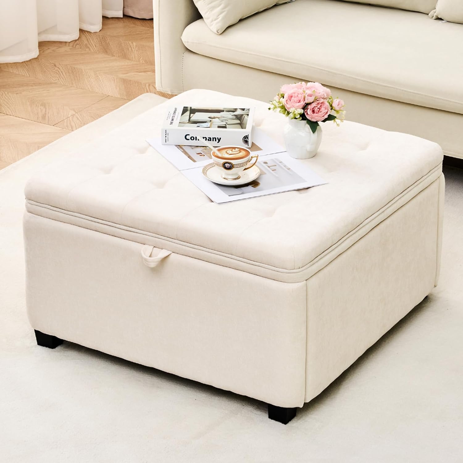 4-in-1 Storage Ottoman 30 Inch Large Hidden Storage Ottoman Foot Stool Square Ottoman Coffee Table with Soft-Close Hinge for Living Room (Ivory)