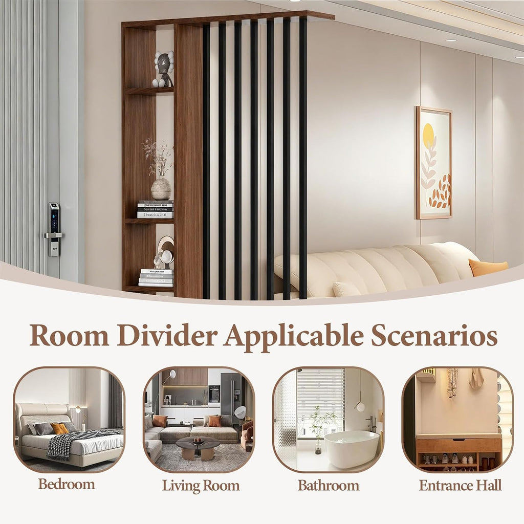 Wall Room Divider Entrance Hall Partition Screen Column Floor to Ceiling Wall Room Divider with Storage Shelves Modern Room Dividers with Shelves,Walnut+Black,L47×W9×H81
