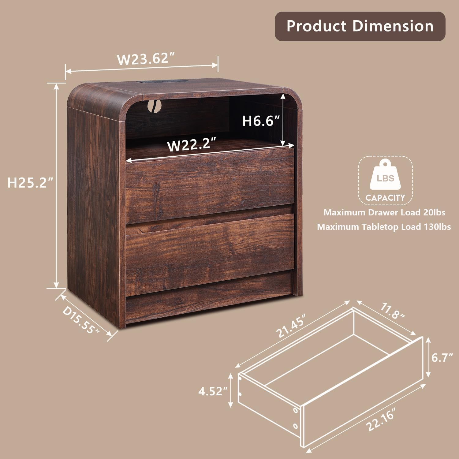 Aitjunz 25" Tall Modern Nightstand with Charging Station, 23.6'' Wide Wood Bedside Table w/2 Storage Drawers, Large Mid Century End Table for Bedroom, Living Room, Curved Profile Design, Brown