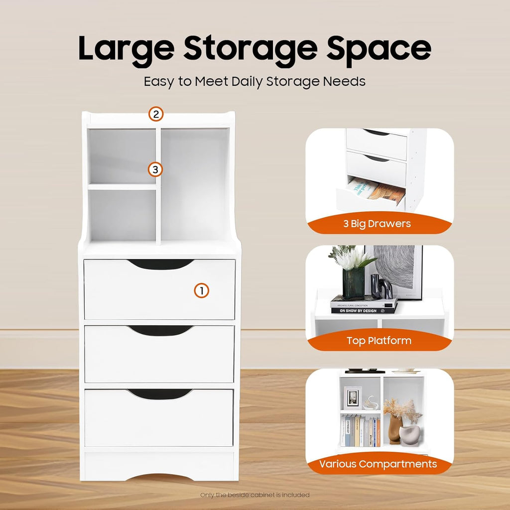Nightstand White Bedside Table with 3 Drawers & 3 Open Bookshelf End Table Modern End Side Table Storage Cabinet for Living Room, Bedroom, Study Room, 14.56L*11.81W*33.46H inch