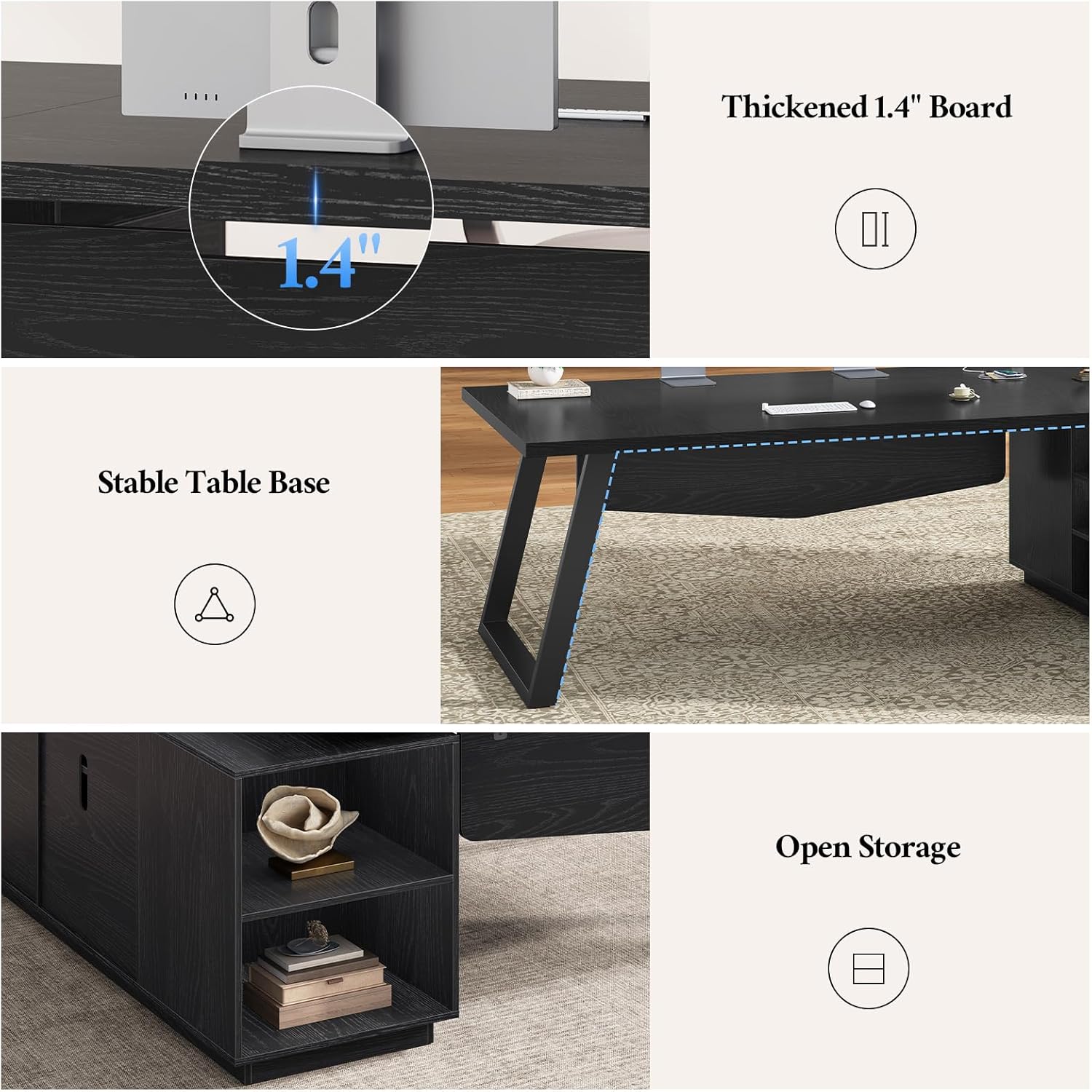 70.3 in L Shaped Executive Desk with Power Outlets, Large Home Office Desk with Storage Drawers & File Cabinet, Modern Computer Desk with Shelves, Black Business Furniture, Square Metal Legs, Black