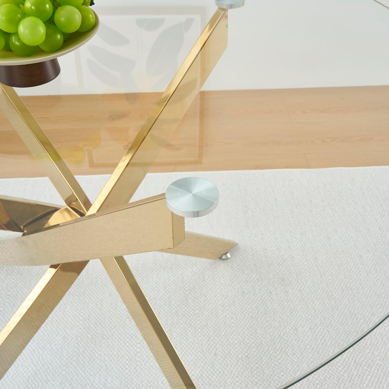 Henf 5 Piece Round Glass Dining Table Set for 4, Modern 47" Round Dining Table & Chair Set Circle Glass Kitchen Table and 4 Velvet Tufted Chairs for Kitchen Dining (Gold Table & Beige Chair)