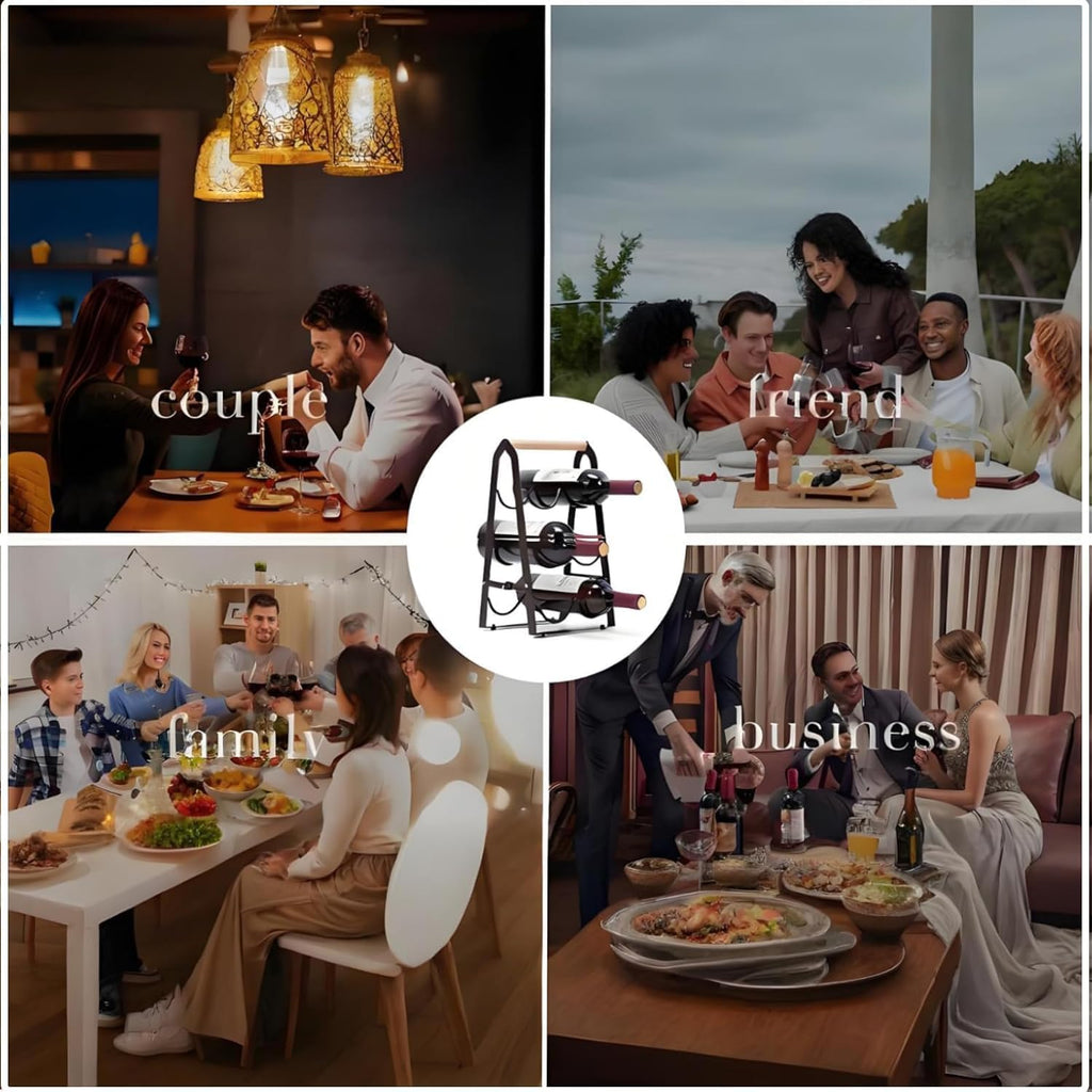 Wine Rack, 6-Bottle Foldable Wine Racks Countertop with Wooden Handle, 3-Tier No Assembly Wine Bottle Holder for Home Bar, Kitchen, Wine Cellar Storage (Black)