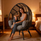 Indoor Egg Chair Wicker, 400lbs Capacity, 8-Inch Deep Cushion, Rust-Resistant Balcony Chairs(Black+Gray)