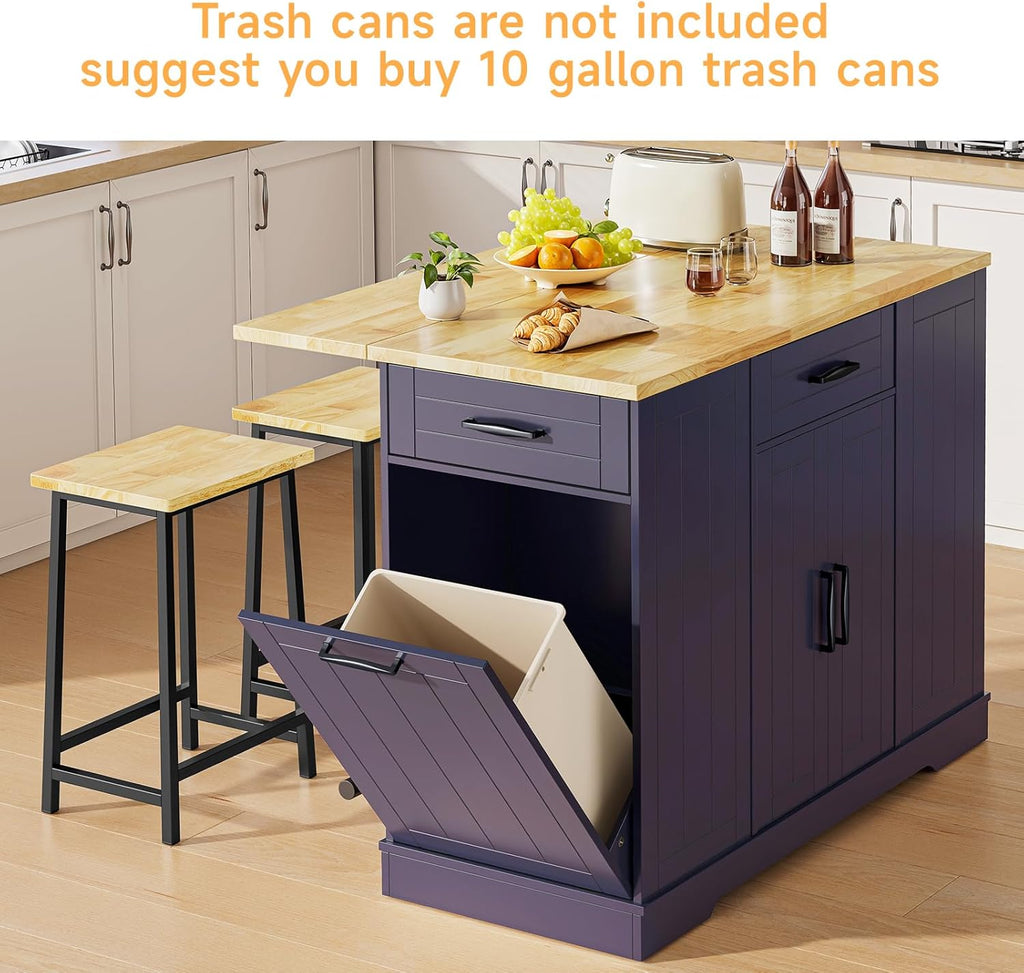 ONBRILL Stationary Kitchen Islands Include 2 Chairs, 47" Kitchen Island with Drop Leaf, Home Bar Table with Spice Rack & with Trash Cabinet, Island Table for Dining Room with Power Outlet, Blue