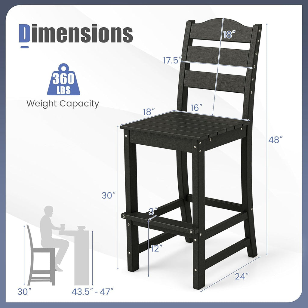 Tangkula Patio HDPE Barstool, Outdoor High Top Bar Chair w/Backrest & Footrest, All-Weather Wood-Plastic Bar Height Chair for Poolside, Backyard, Porch (4, Black)