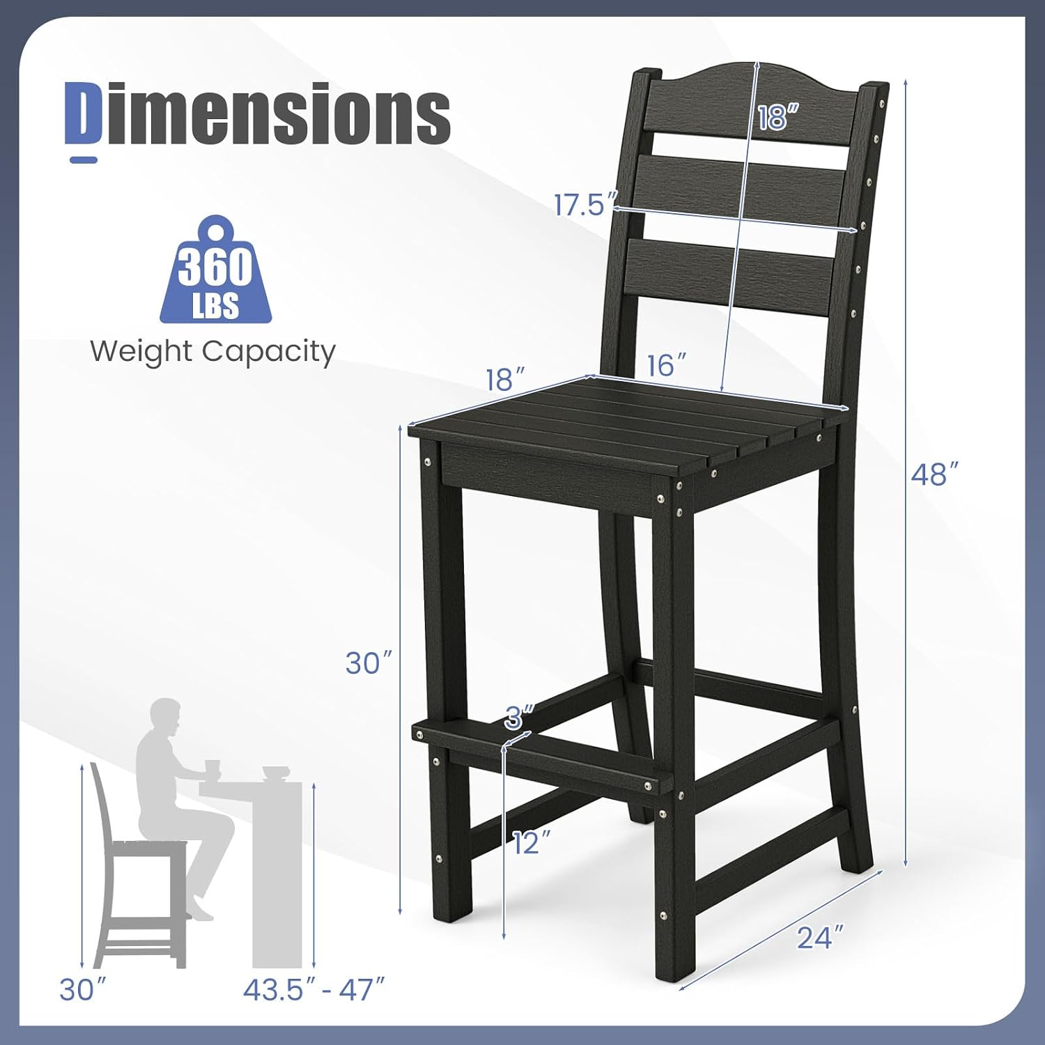 Tangkula Patio HDPE Barstool, Outdoor High Top Bar Chair w/Backrest & Footrest, All-Weather Wood-Plastic Bar Height Chair for Poolside, Backyard, Porch (4, Black)