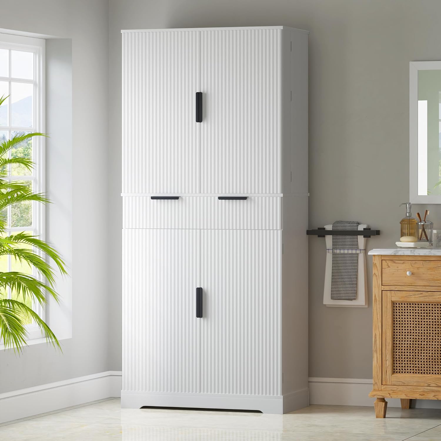 72" Fluted Kitchen Pantry Cabinet with 3 Slide-Out Drawers & 6 Adjustable Door Shelves, Triple-Fold Hinge, Magnetic Closure, Large Storage for Dining Room,Bathroom,Office,Entryway (White)
