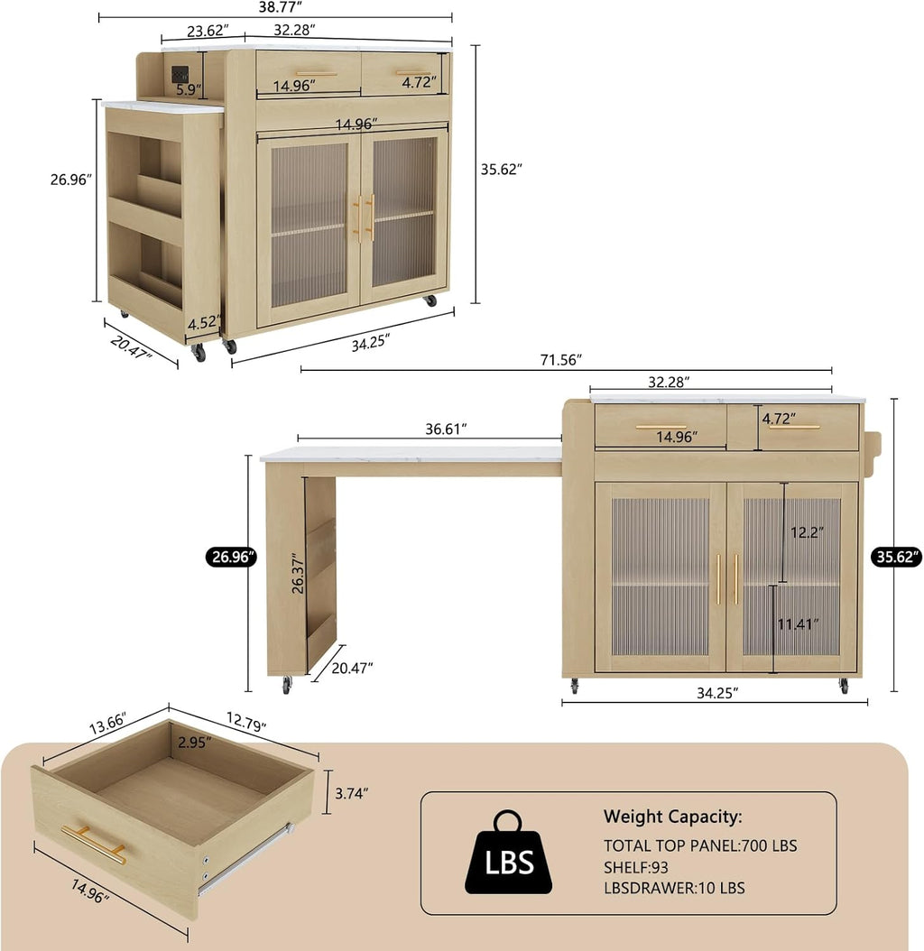 HLR 72" Kitchen Island with Extendable Dining Table, Marble Grain Top Storage Islands with Power Outlet, Rolling Cart on Wheels with Storage Cabinet and 2 Drawers, Pre Table for Kitchen