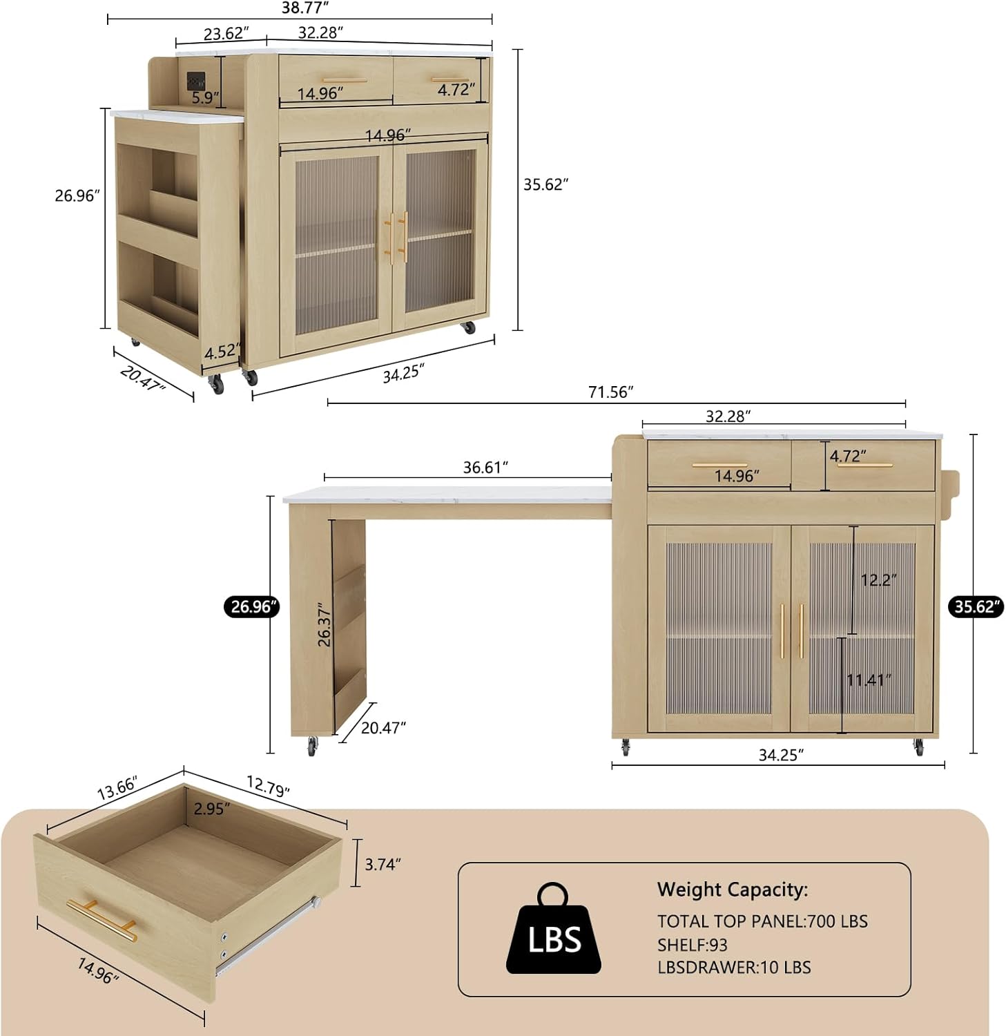 HLR 72" Kitchen Island with Extendable Dining Table, Marble Grain Top Storage Islands with Power Outlet, Rolling Cart on Wheels with Storage Cabinet and 2 Drawers, Pre Table for Kitchen