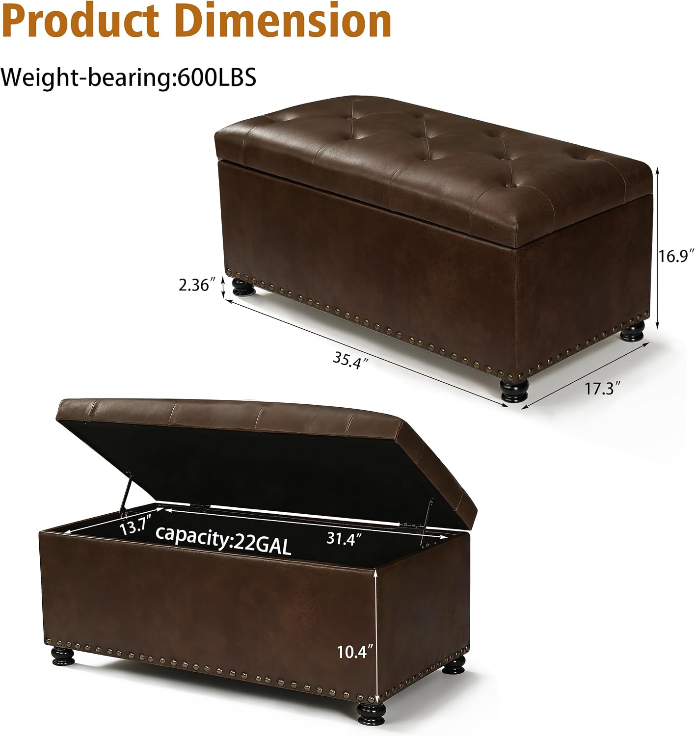 Joveco Storage Ottoman Bench 35" Faux-Leather Rectangular Tufted Ottomans Storage Room Organizer (Caramel)