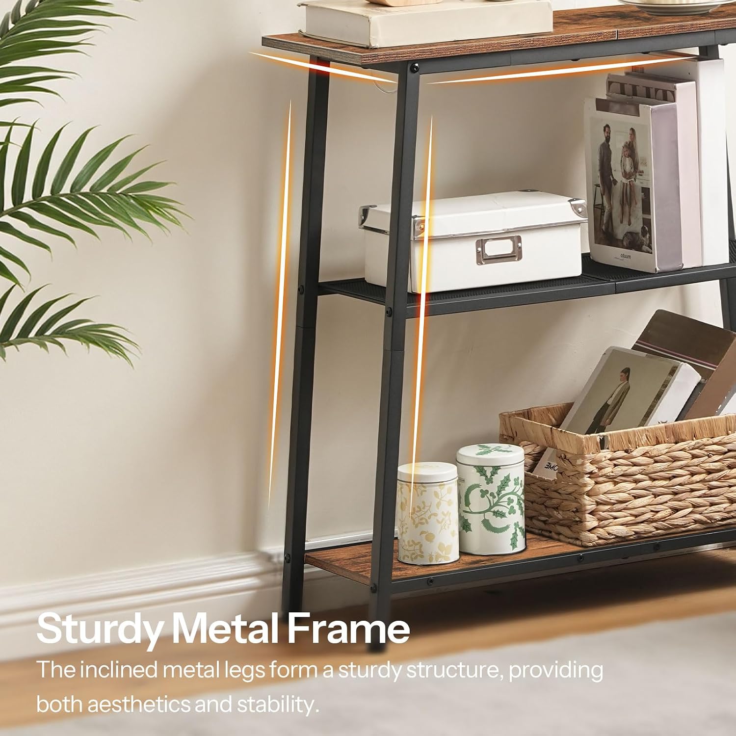 HOOBRO Narrow Console Table, 3-Tier Small Entryway Table with Storage Shelves, Behind Couch Sofa Table, Hallway Table for Entryway, Foyer, Hallway, Living Room, Rustic Brown and Black BF62XG01