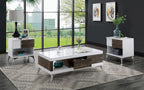 End Table White and Oak Open Shelf Drawer Steel Legs Two Tone High Gloss Wooden Panel Coffee Table Not Include