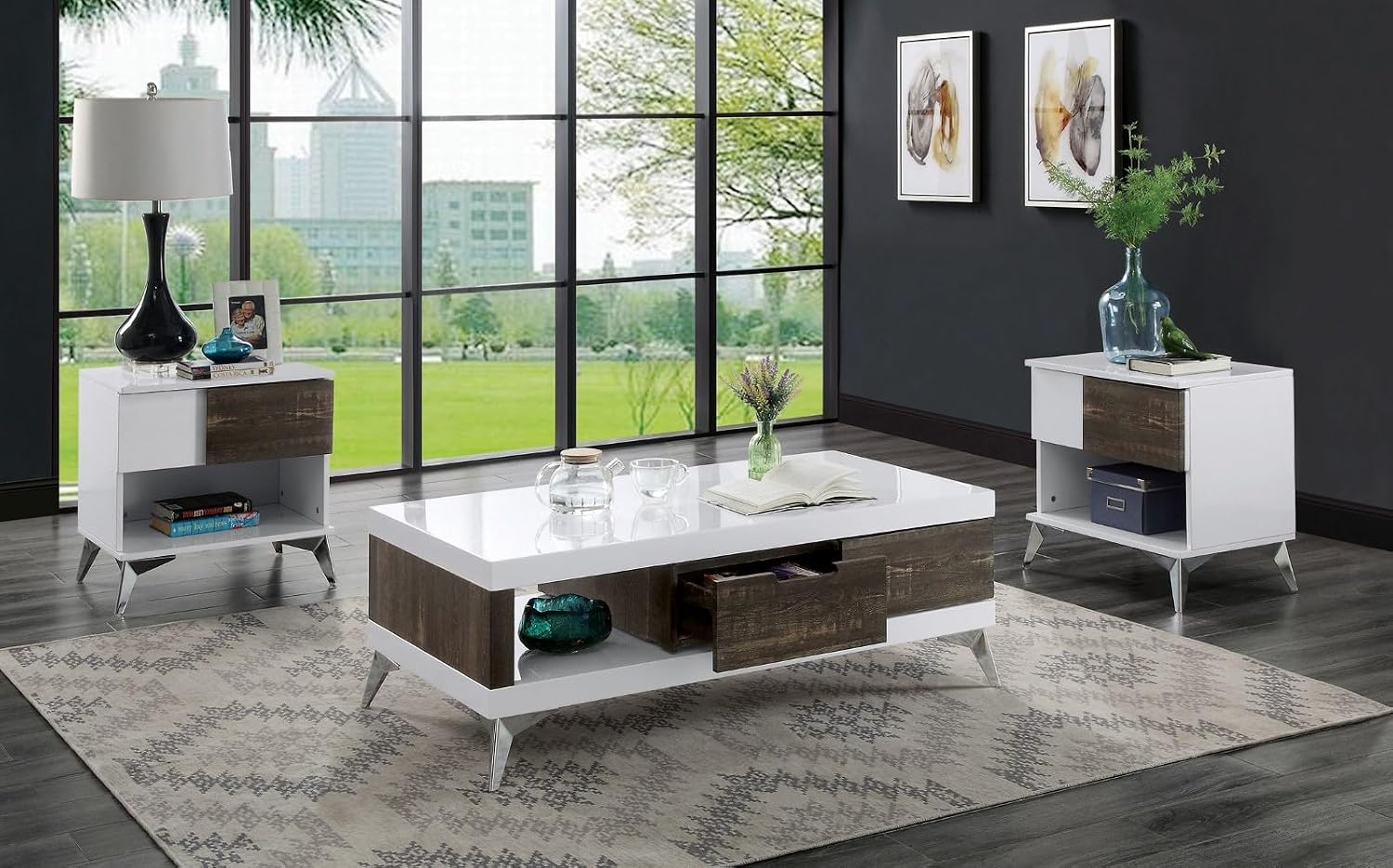 End Table White and Oak Open Shelf Drawer Steel Legs Two Tone High Gloss Wooden Panel Coffee Table Not Include