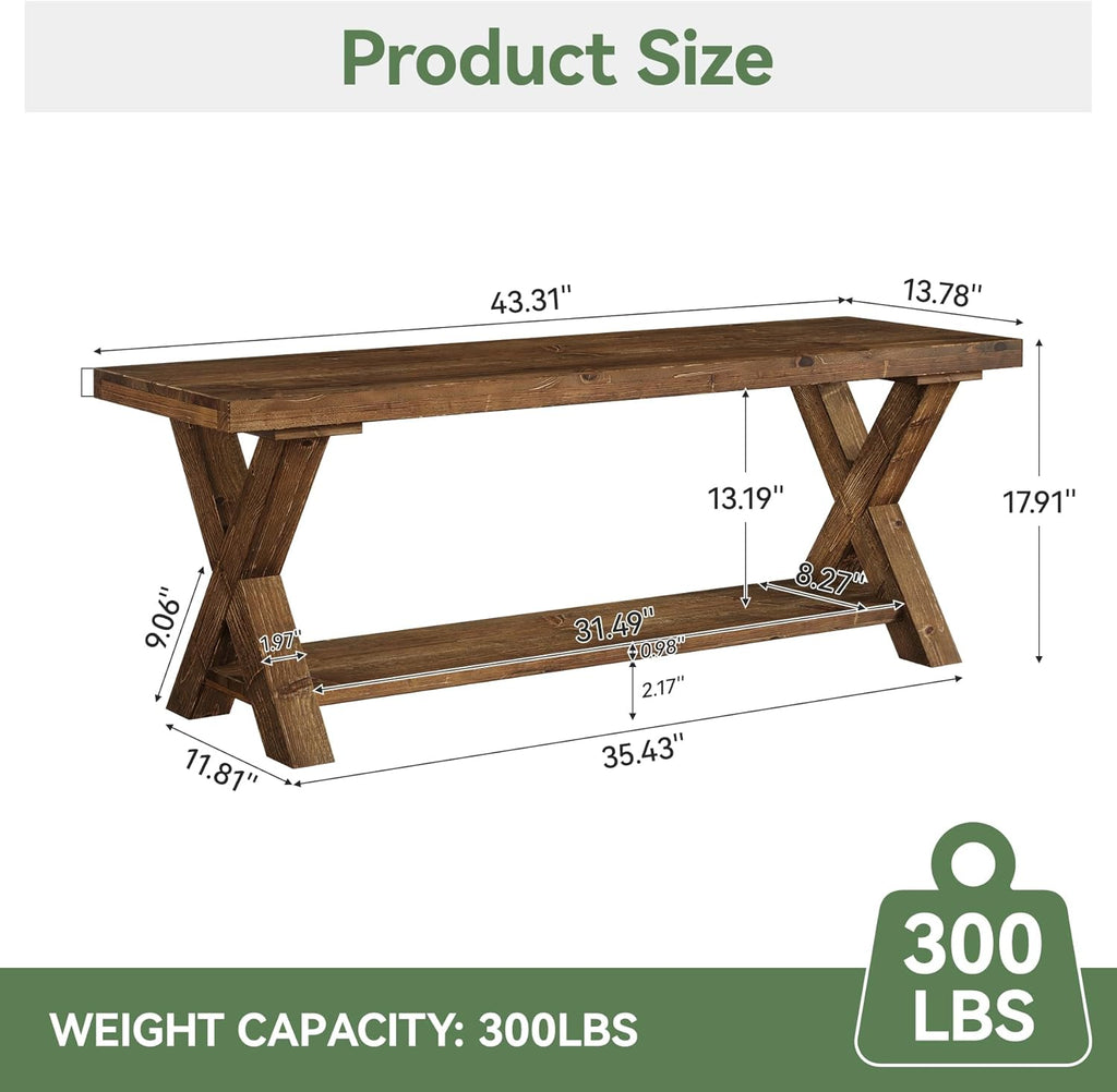 43.3" Solid Wood Bench, Farmhouse Wooden Entryway Bench with Storage Shelf, X-Shaped Leg Design, Entry Way Shoe Benches Seat for Hallway, Kitchen, Bedroom, Living Room