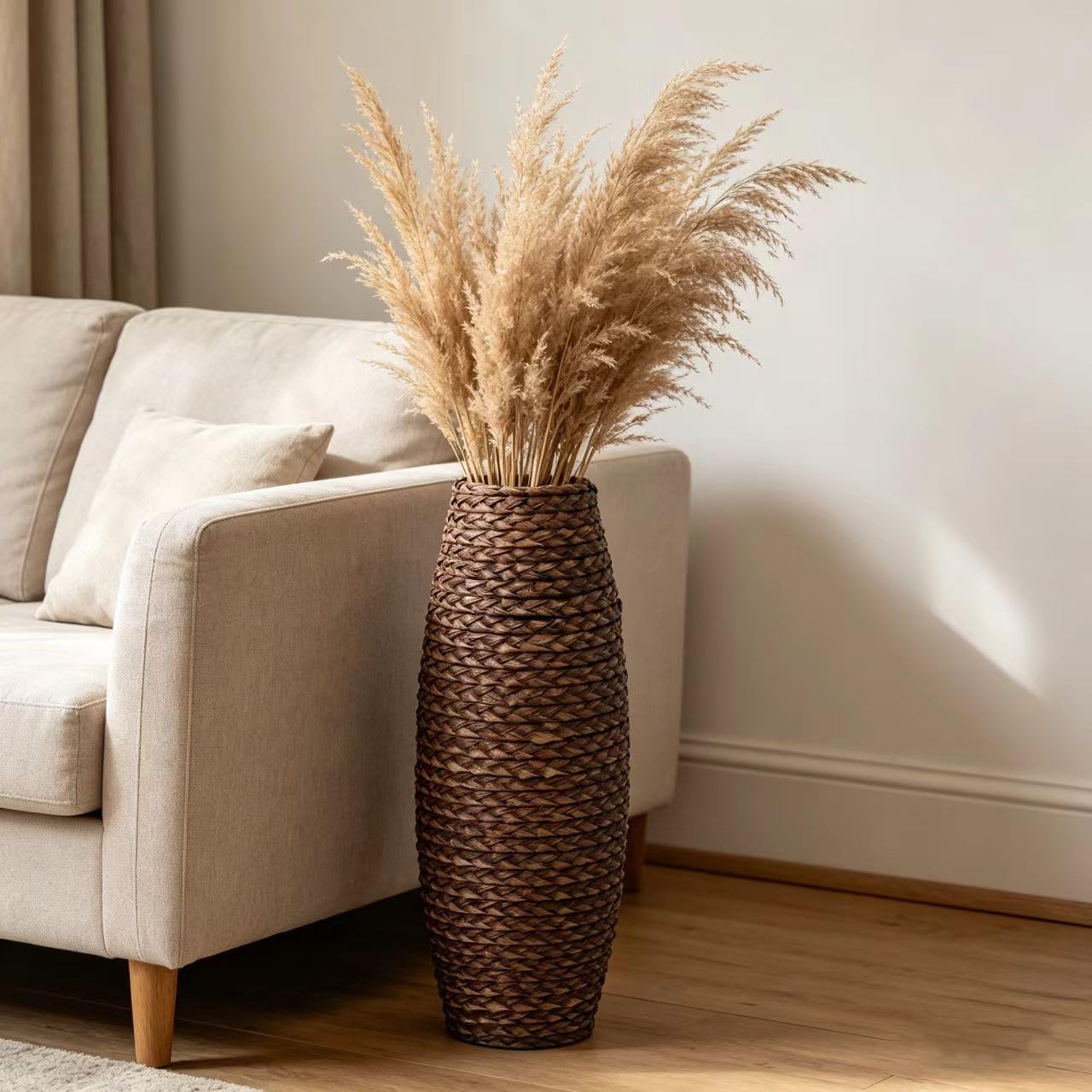 Hosley 20” Woven Floor Vase – Natural Wood & Grass Tall Decorative Vase for Pampas, Living Room, Entryway & Home Décor