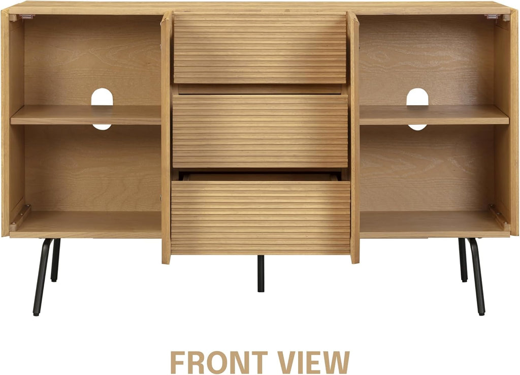 NTC MOSSIC Sideboard with 2 Doors and 3 Drawers, Buffet Cabinet with Natural Rattan and Metal Legs, Modern Storage Cabinet for Living Room, and Hallway, Effortless Assembly, Sand
