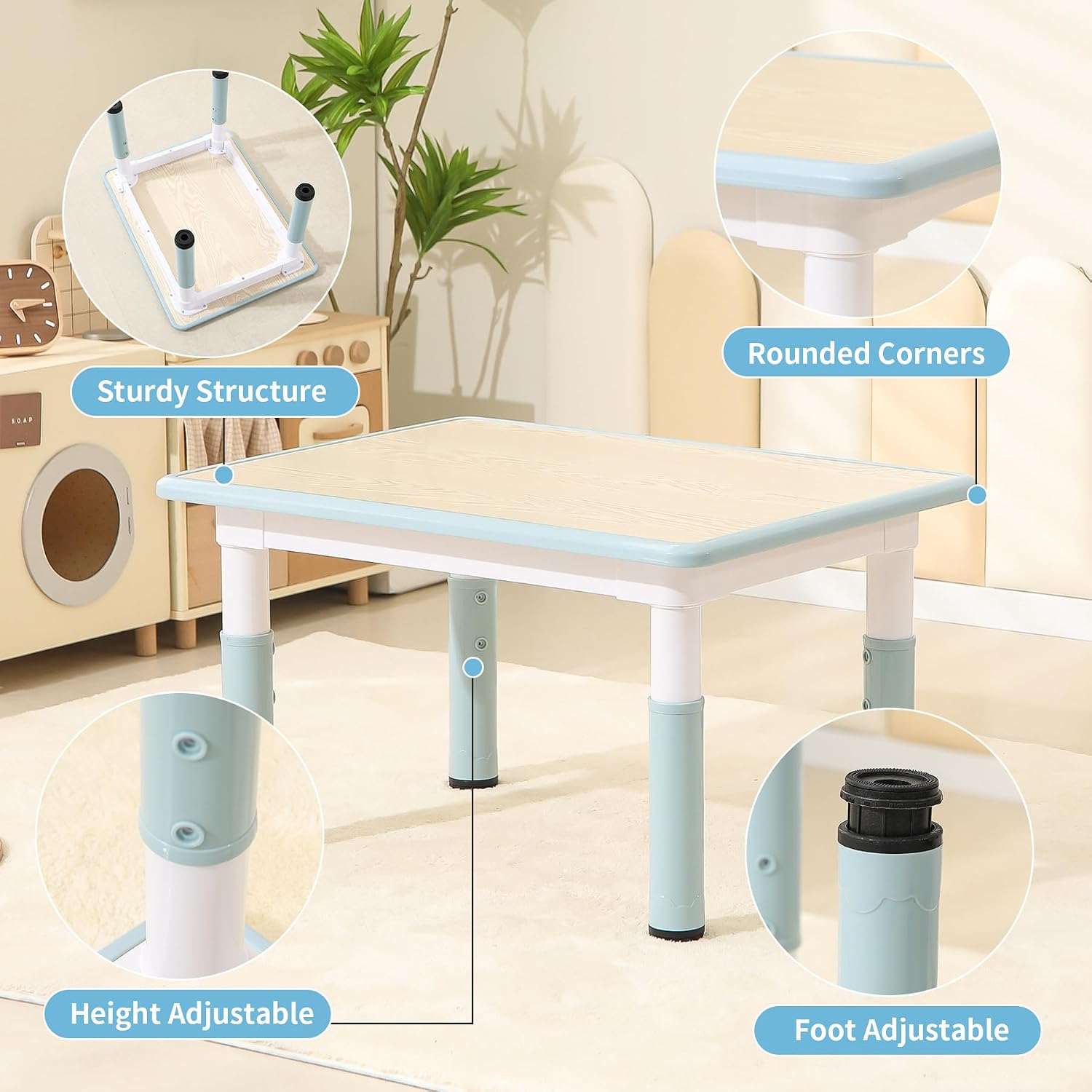 Hulaibit Toddler Table and 2 Chairs, Height-Adjustable Kids Table and Chairs Set, 31.5''L x 23.6''W Children Activity Table for Boys and Girls Aged 3-8
