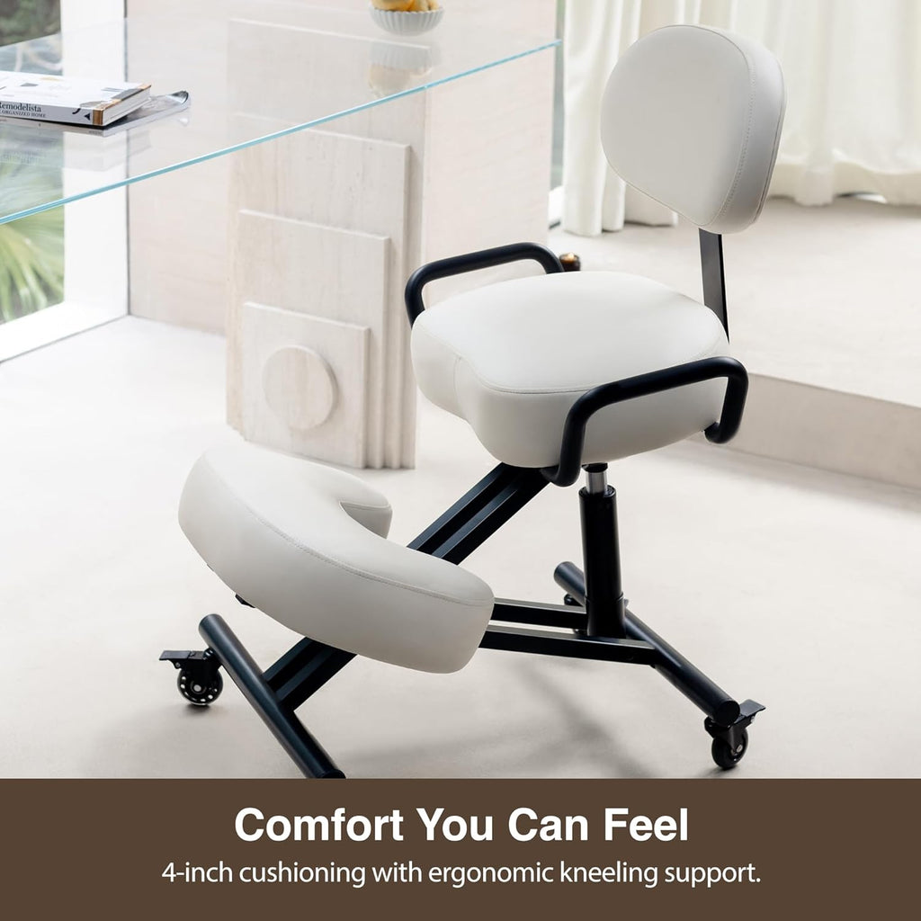 Ergonomic Kneeling Chair with Backrest, Improve Posture, Thick Cushions, Locking Wheels for Home & Office, AKONI 512B (Vanilla)