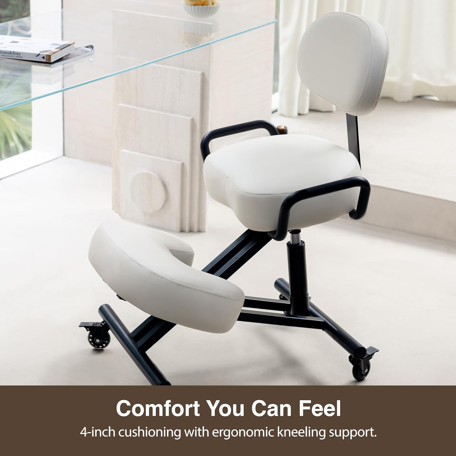 Ergonomic Kneeling Chair with Backrest, Improve Posture, Thick Cushions, Locking Wheels for Home & Office, AKONI 512B (Vanilla)