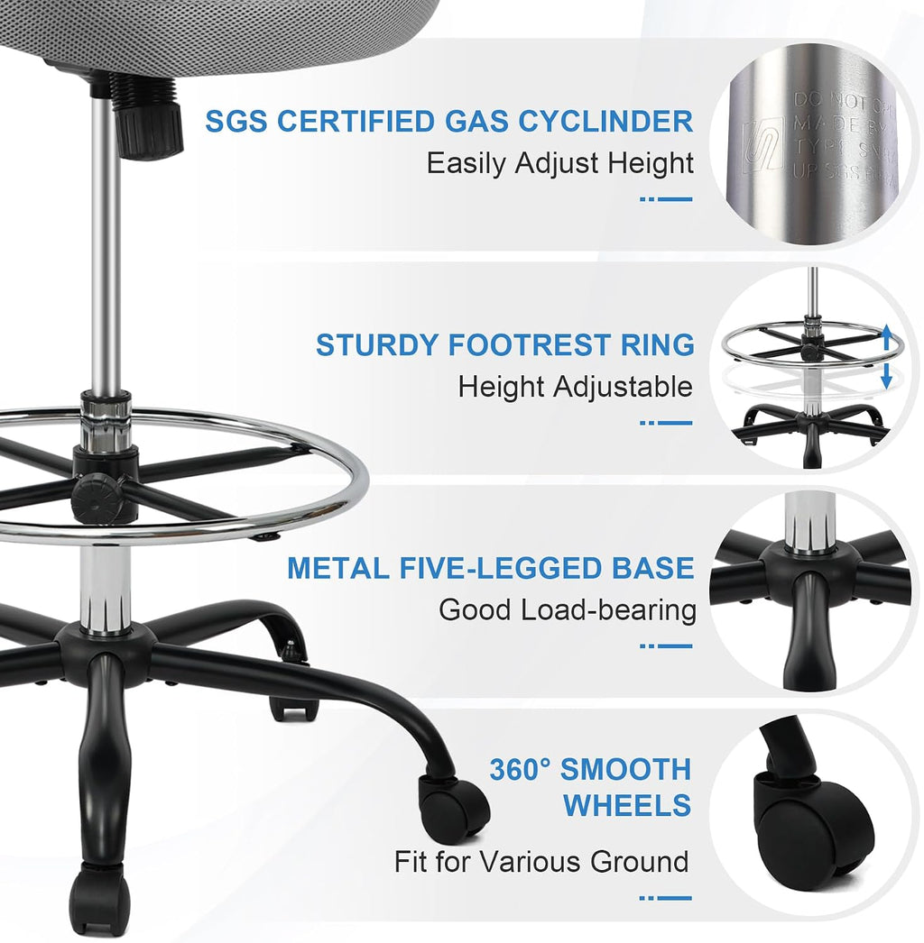 HYLONE Drafting Chair Tall Office Chair with Flip-Up Armrests Ergonomic Computer Chair with Lumbar Support Adjustable Footrest Ring Mesh Standing Desk Chair (Black)