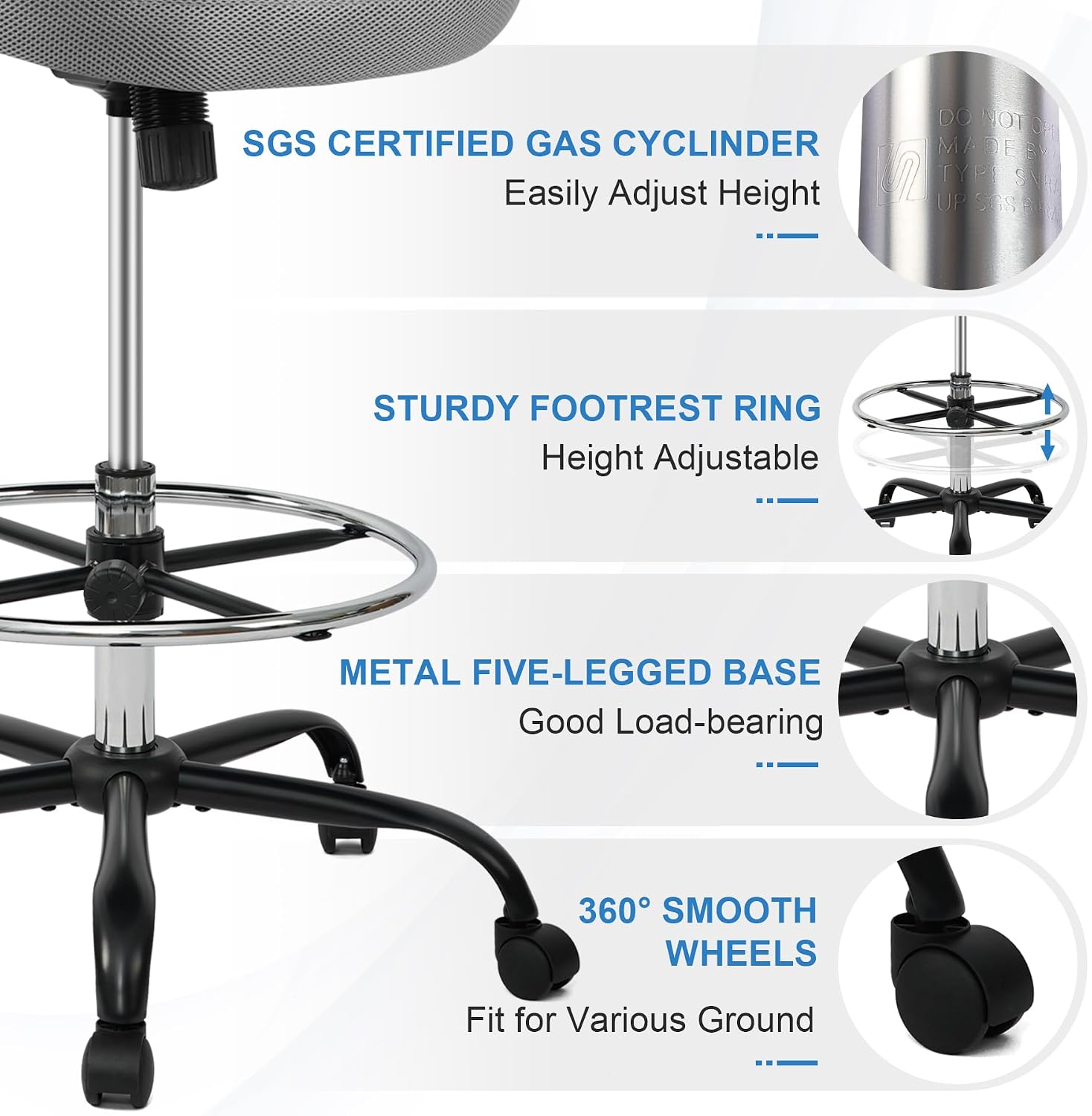 HYLONE Drafting Chair Tall Office Chair with Flip-Up Armrests Ergonomic Computer Chair with Lumbar Support Adjustable Footrest Ring Mesh Standing Desk Chair (Black)