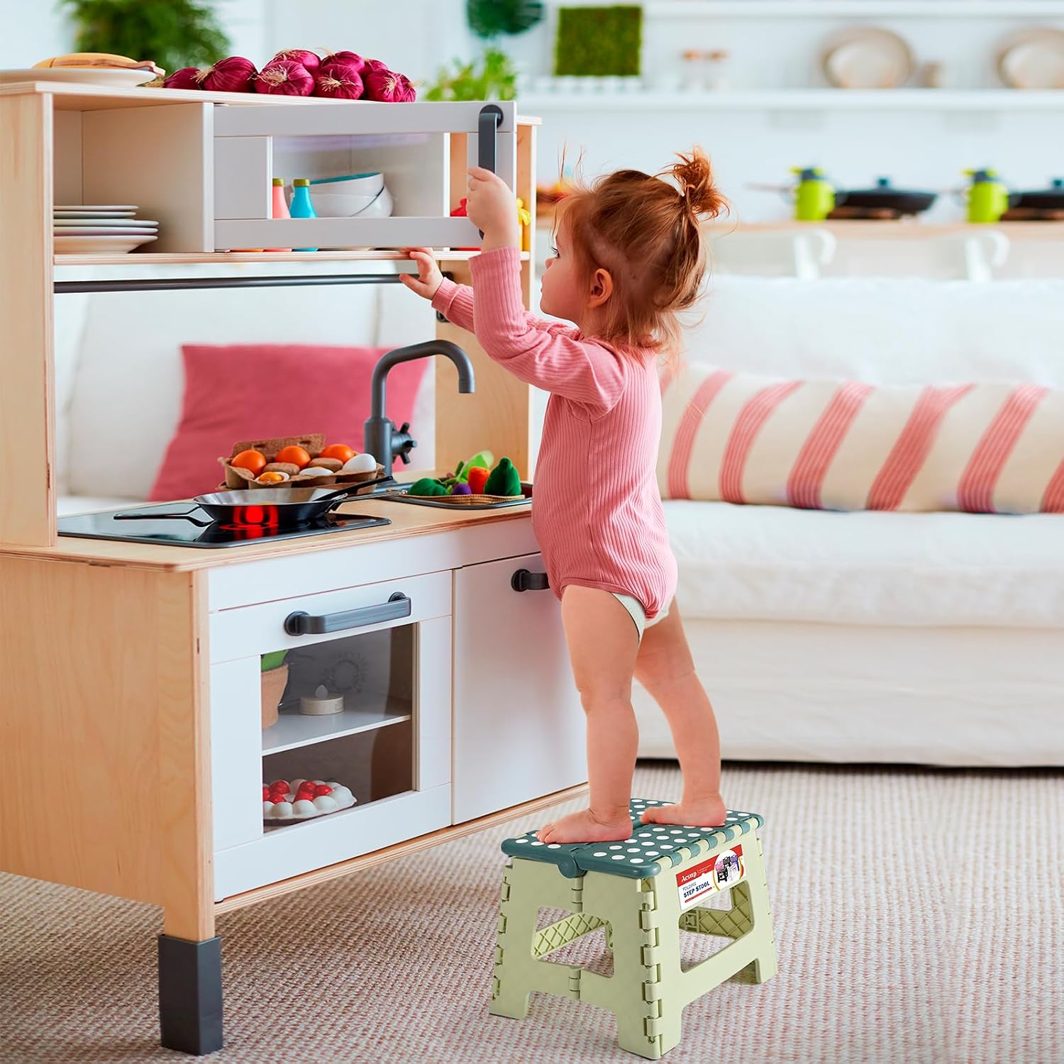 ACSTEP 9 Inch Folding Step Stool 300 LB Capacity Plastic Foldable Step Stools for Kids and Adults, Folding Stool Suitable for Kitchen, Stepping Stool with Handle Bicolor Green Small Step Stool 1PC