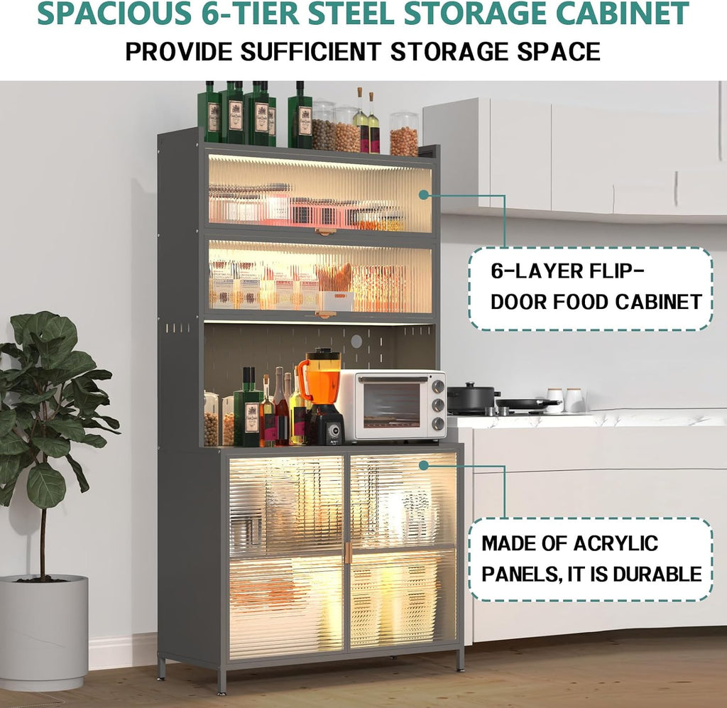 Anwick 73'' Tall Kitchen Pantry Storage Cabinet, Modern Buffet Cabinet with Hutch, BuffetCabinet with Microwave Stand, Kitchen Hutch for Living Room, Dining Room (Grey)
