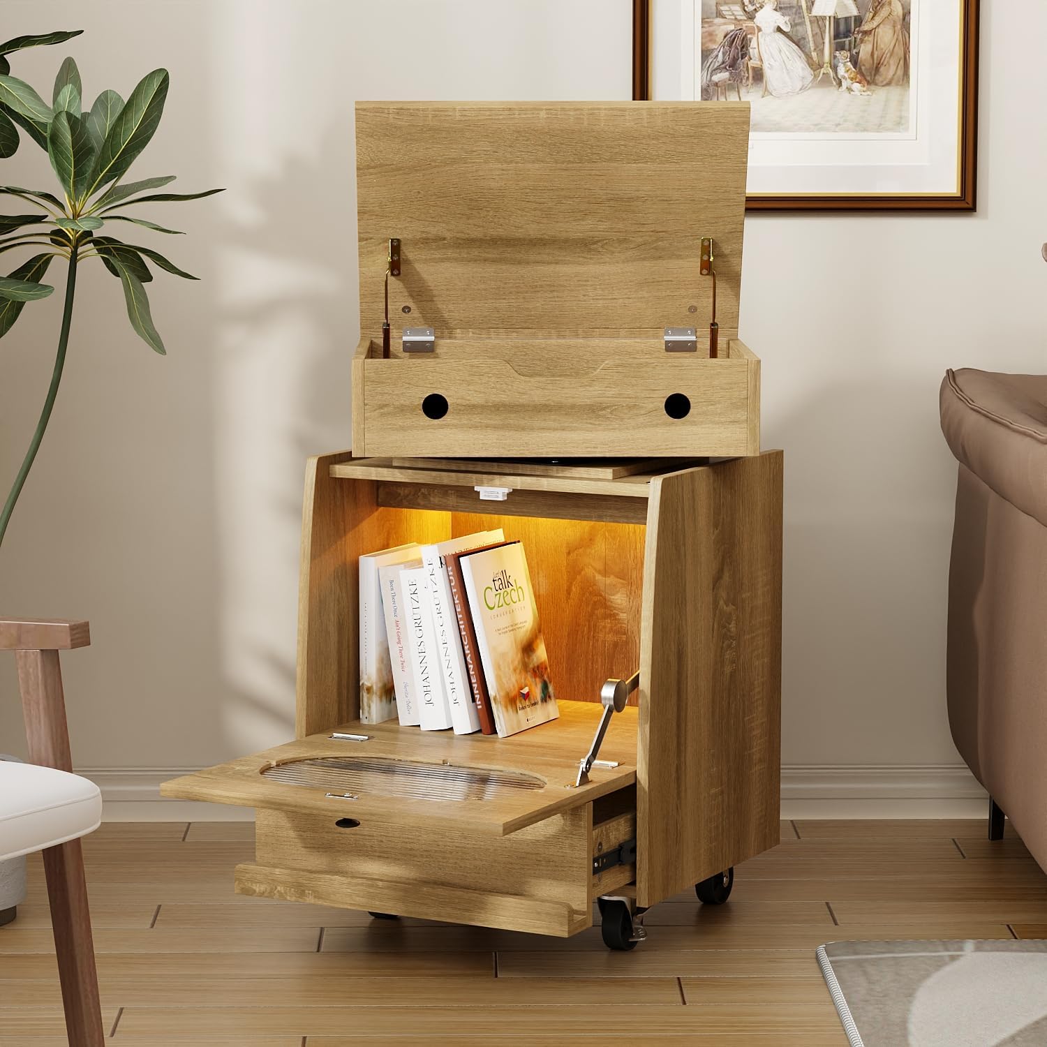 Timechee Robot Side Table with Wheels for Living Room, LED End Side Table with 360° Rotating Drawer, Led Night Stand, 2 Drawer Kids Nightstand, Modern Storage Cabinet for Living Room, Bedroom, Natural