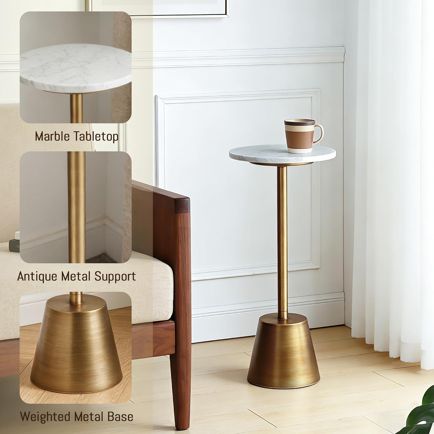 White Marble Pedestal Side Table, Round Accent End Table with Metal Base for Couch, Small Drink Tables for Small Spaces, Vintage Antique Gold Cocktail Martini Table for Living Room
