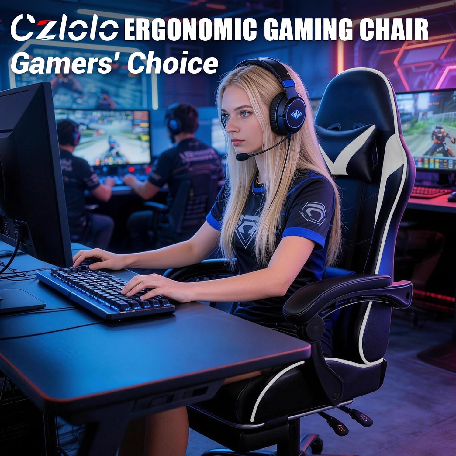 Czlolo Gaming Chair with Footrest, Lumbar Support Massager Video Game Chair with Metal Legs, High Back Reclining Gamer Chair with Headrest, 360° Swivel Office Computer Desk Chair (Snow White)