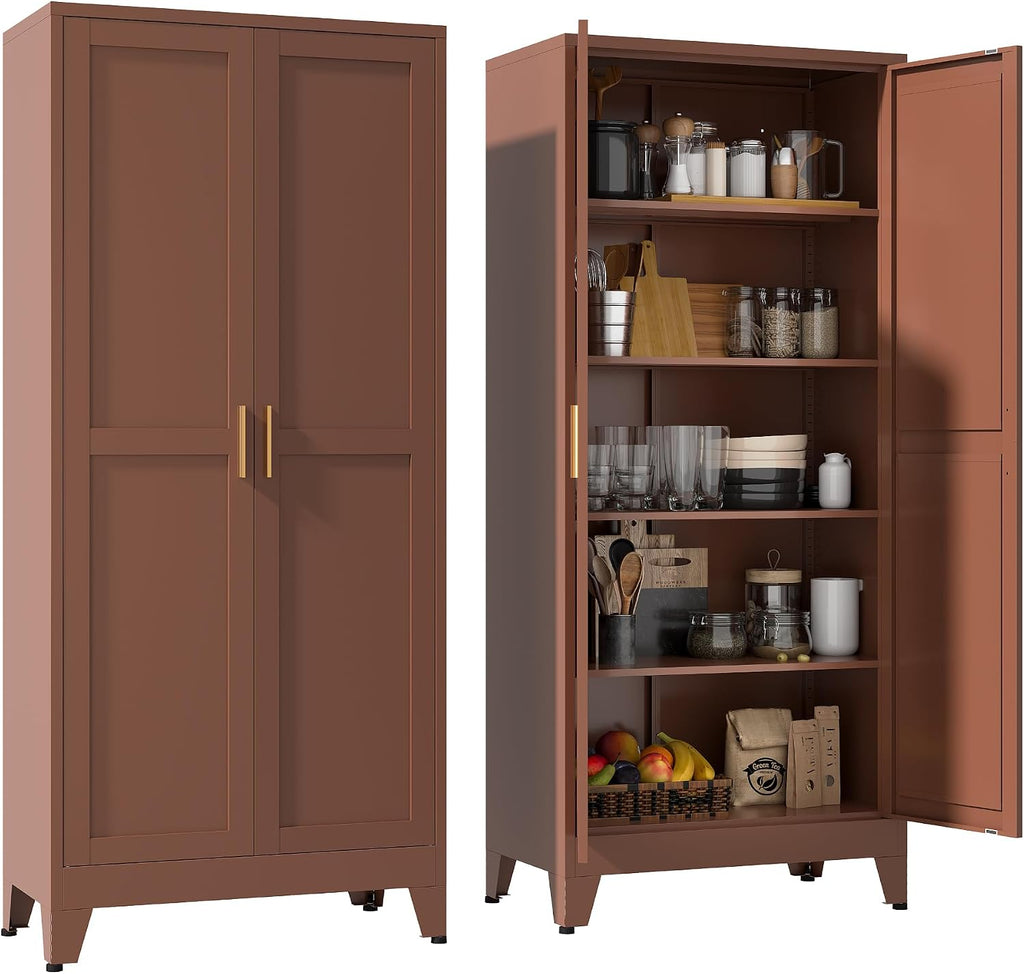 YAUWOH 71''Metal Cabinet with 4 Adjustable Shelves,5-Tier Pantry Storage Cabinet,Kitchen Pantry Cabinet for Living Room,Dining Room(1PC,Brown)
