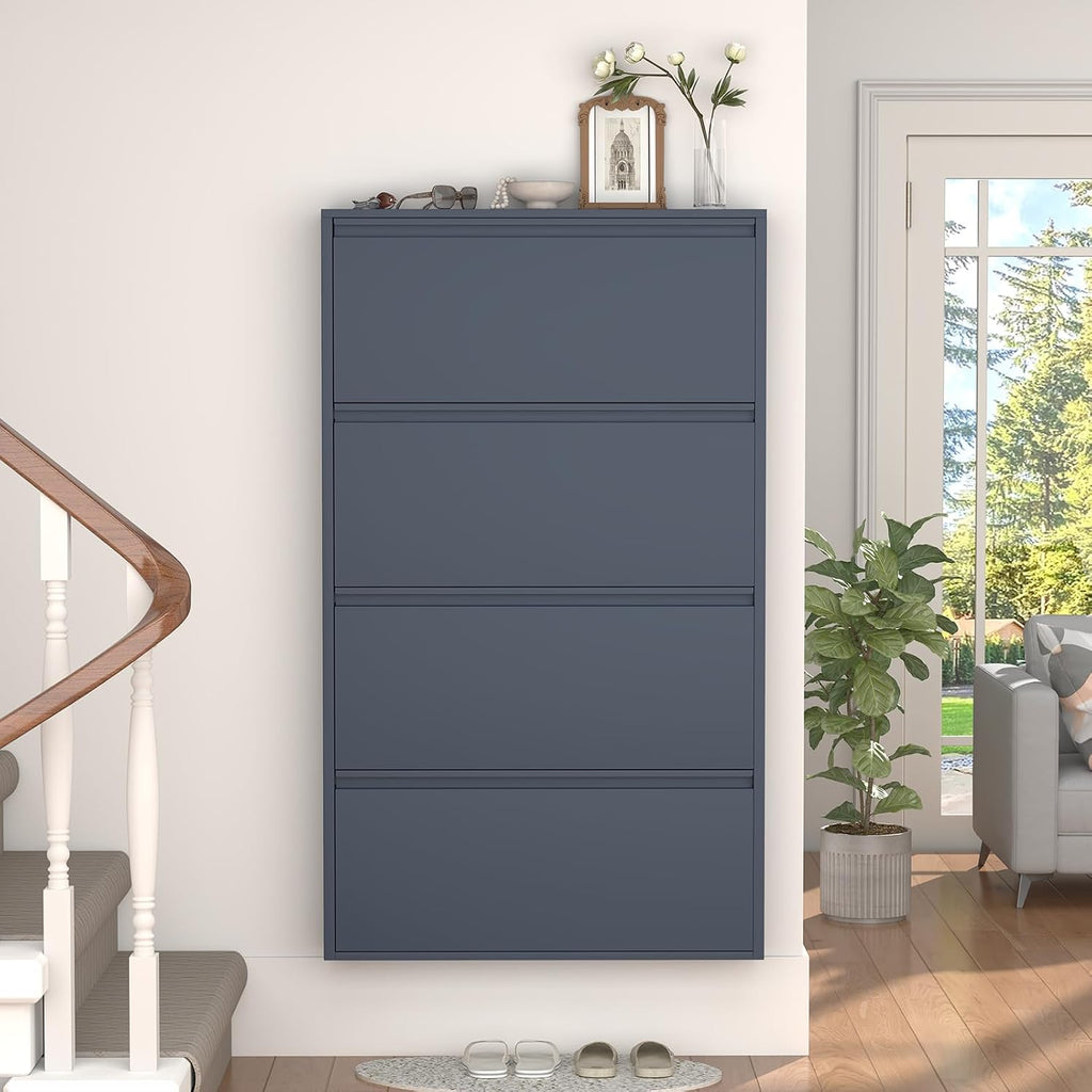 GREATMEET Shoe Cabinet with 4 Flip Drawers, Slim Metal Shoe Cabinet Storage for Entryway, Hidden Narrow Shoe Rack Organizer Cabinets Wall Mount for Living Room, Bedroom, Hallway, Blue