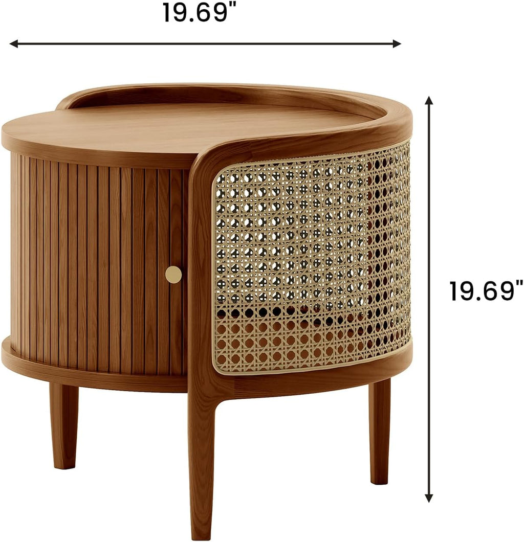 POVISON Rattan Side Table, Table with Roller Door & Woven Rattan, 19.69" Round End Table with Storage, Nightstand Beside Table Drink Table Sofa Table for Home,Walunt