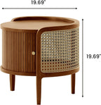 POVISON Rattan Side Table, Table with Roller Door & Woven Rattan, 19.69" Round End Table with Storage, Nightstand Beside Table Drink Table Sofa Table for Home,Walunt