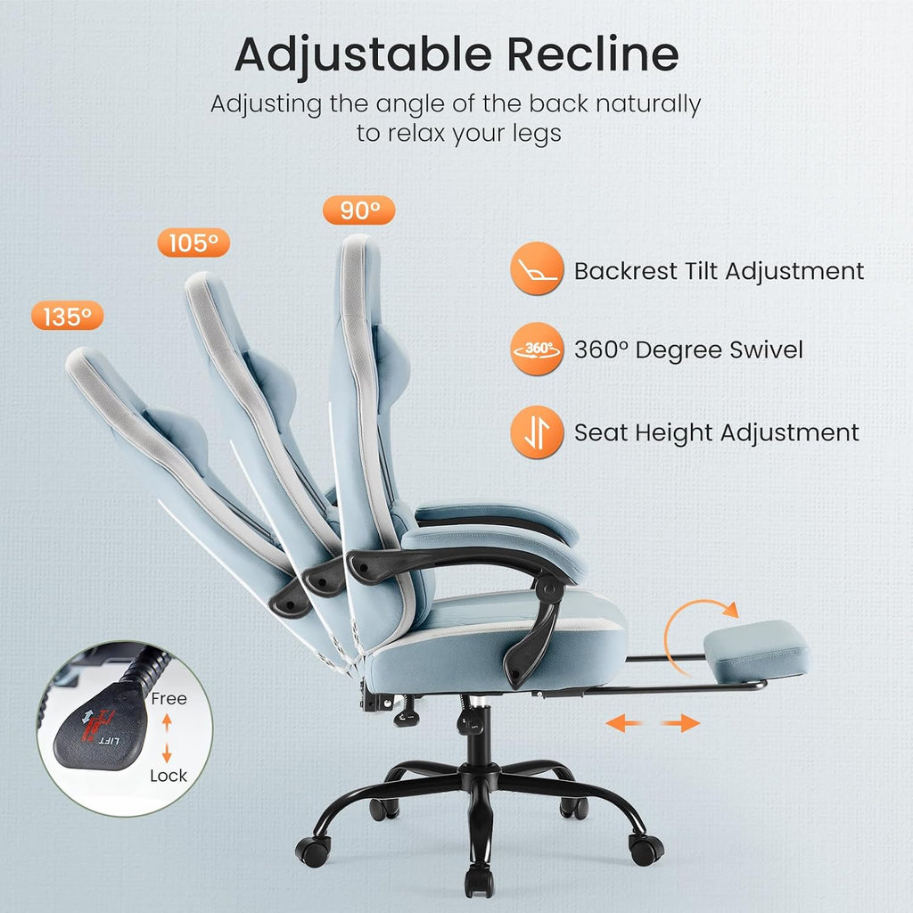 Sweetcrispy Video Game Chair: High Back Ergonomic Computer Desk Chair with Footrest & Lumbar Support, Height Adjustable with Linkage Armrests and Headrest, 360° Swivel Wheels, Blue