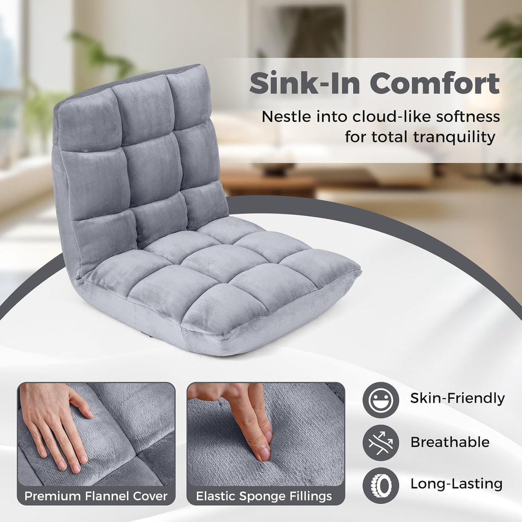 COSTWAY Floor Chair, 14 Positions Adjustable Floor Gaming Chair with Back Support, Flannel Fabric, Folding Floor Seating Lounger for Adults &Kids, Living Room (Grey)