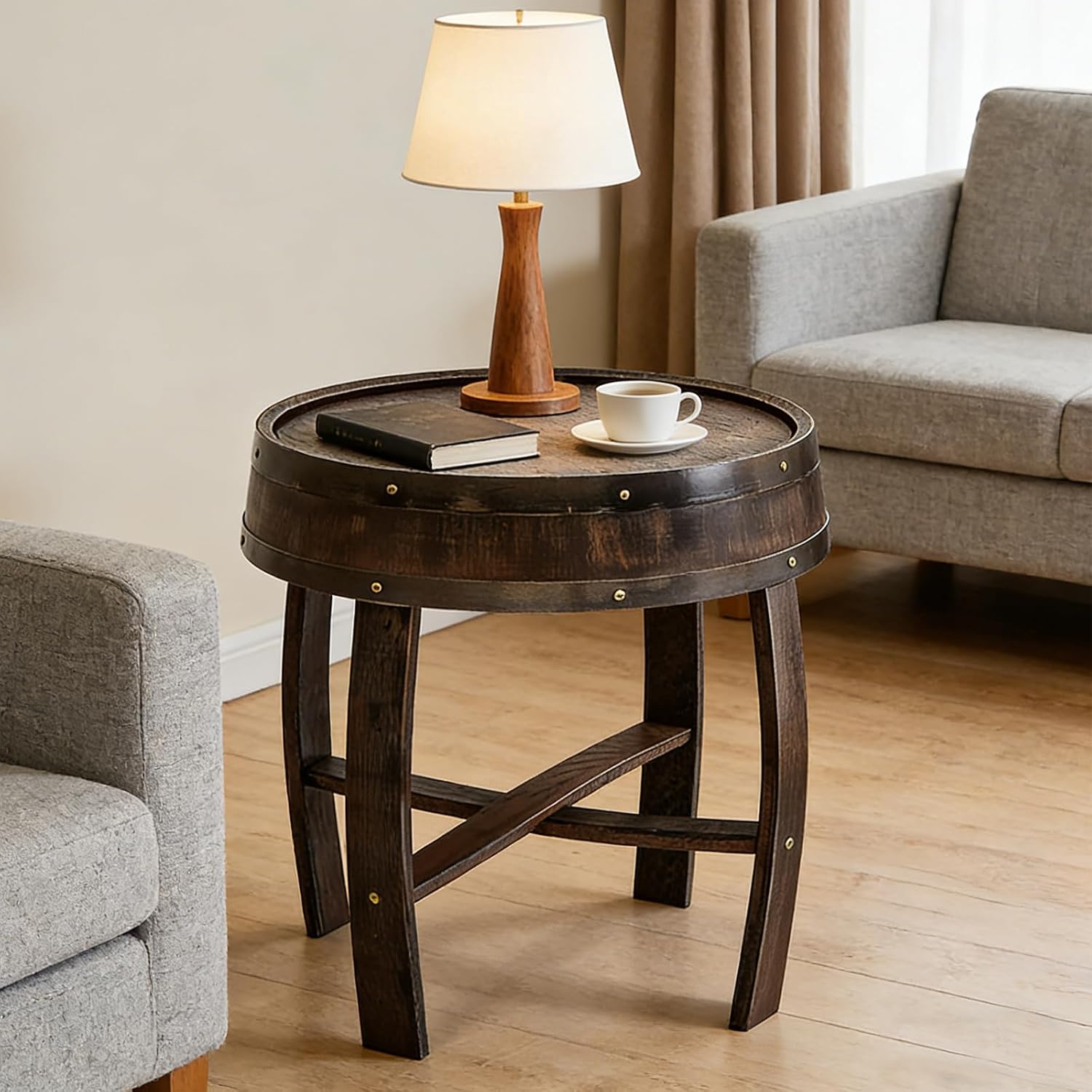 Handcrafted Whiskey Barrel End Table,Authentic Bourbon Barrel Side Table, Rustic Round Wood Accent Table for Home Bar, Living Room & Farmhouse Decor