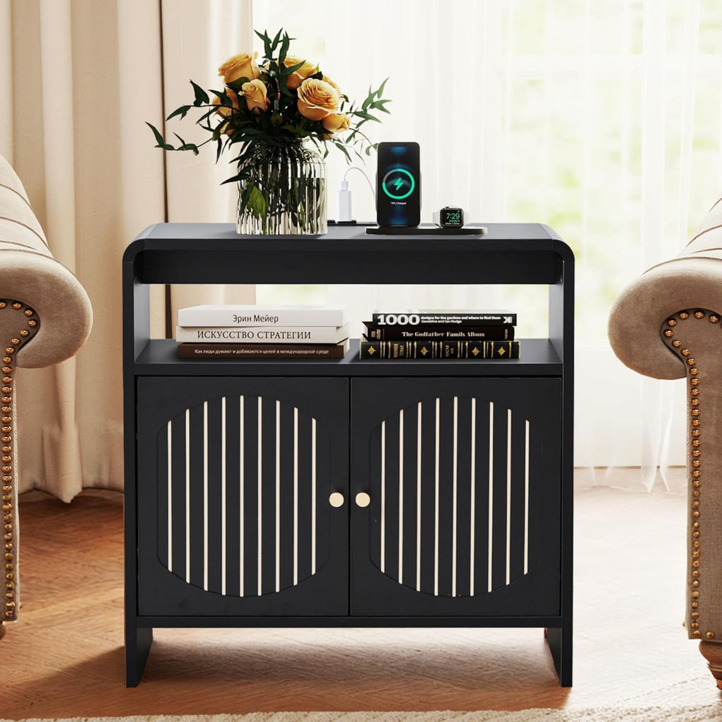 24" Farmhouse Side Table with Charging Station, Mid Century Modern End Table with Storage & Arched Doors, Wooden Nightstand with USB/Type-C Ports, Curved Side Table for Living Room Bedroom(Black)
