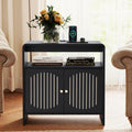 24" Farmhouse Side Table with Charging Station, Mid Century Modern End Table with Storage & Arched Doors, Wooden Nightstand with USB/Type-C Ports, Curved Side Table for Living Room Bedroom(Black)
