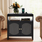 24" Farmhouse Side Table with Charging Station, Mid Century Modern End Table with Storage & Arched Doors, Wooden Nightstand with USB/Type-C Ports, Curved Side Table for Living Room Bedroom(Black)