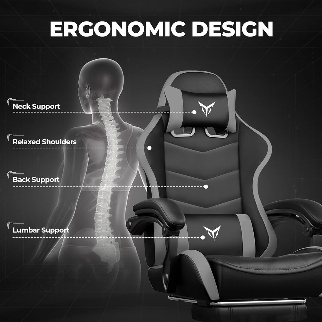 EXRACING Gaming Chair with Footrest, Ergonomic Computer Chair 350lbs High Back for Adults, Height Adjustable Video Game Chair with Headrest and Lumbar Support, 360° Swivel, PU Leather, Grey