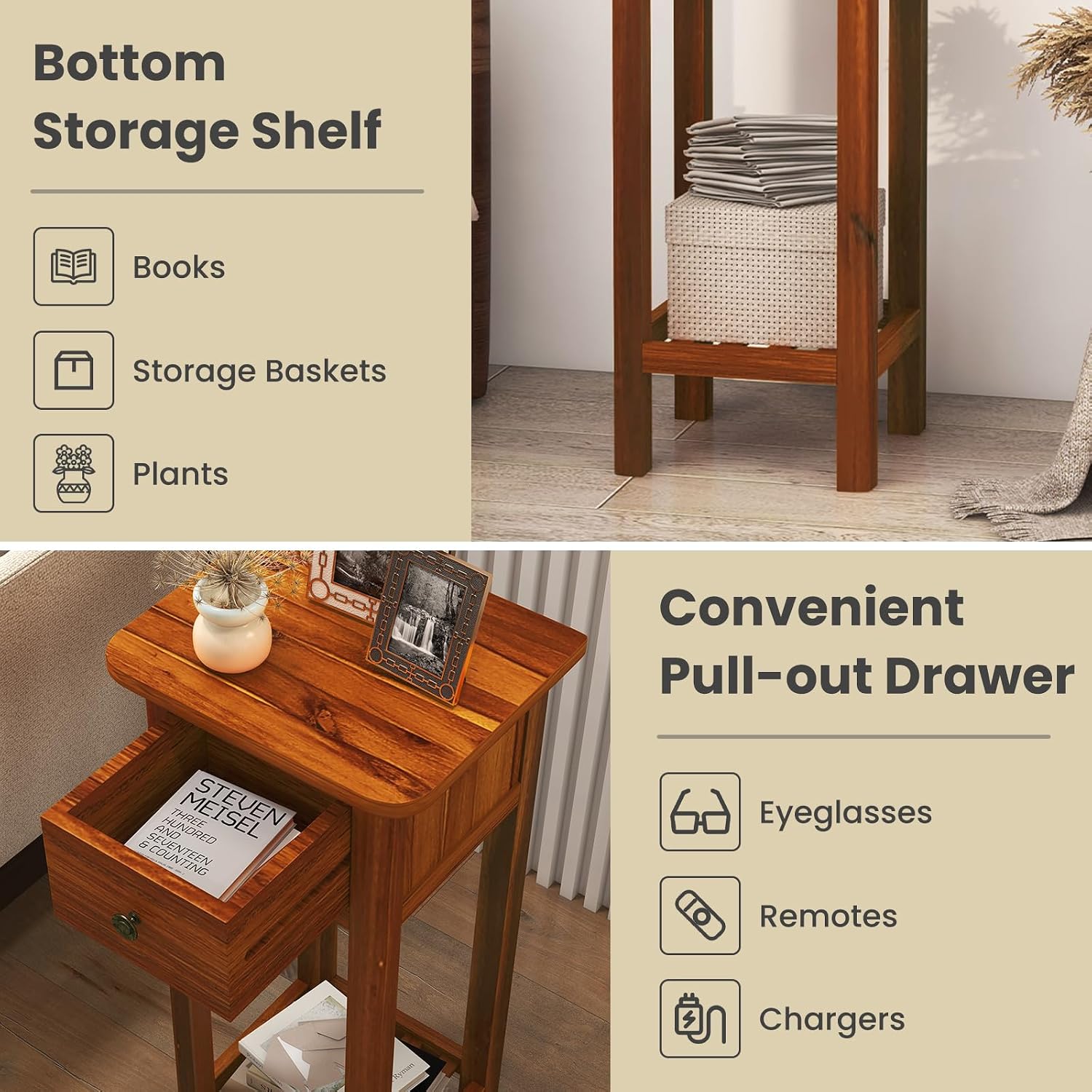 SlickBlue 2-Tier Slim Bedside Table with Drawer and Shelf for Living Room Bedroom