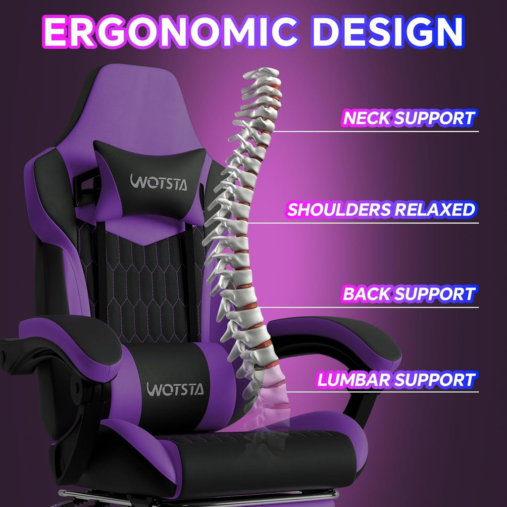 Gaming Chair with Footrest, High Back Gaming Chairs PVC Leather Ergonomic Gamer Chair with Adjustable Headrest Lumbar Support Racing Style Video Gaming Chair for Office/Home (Purple)